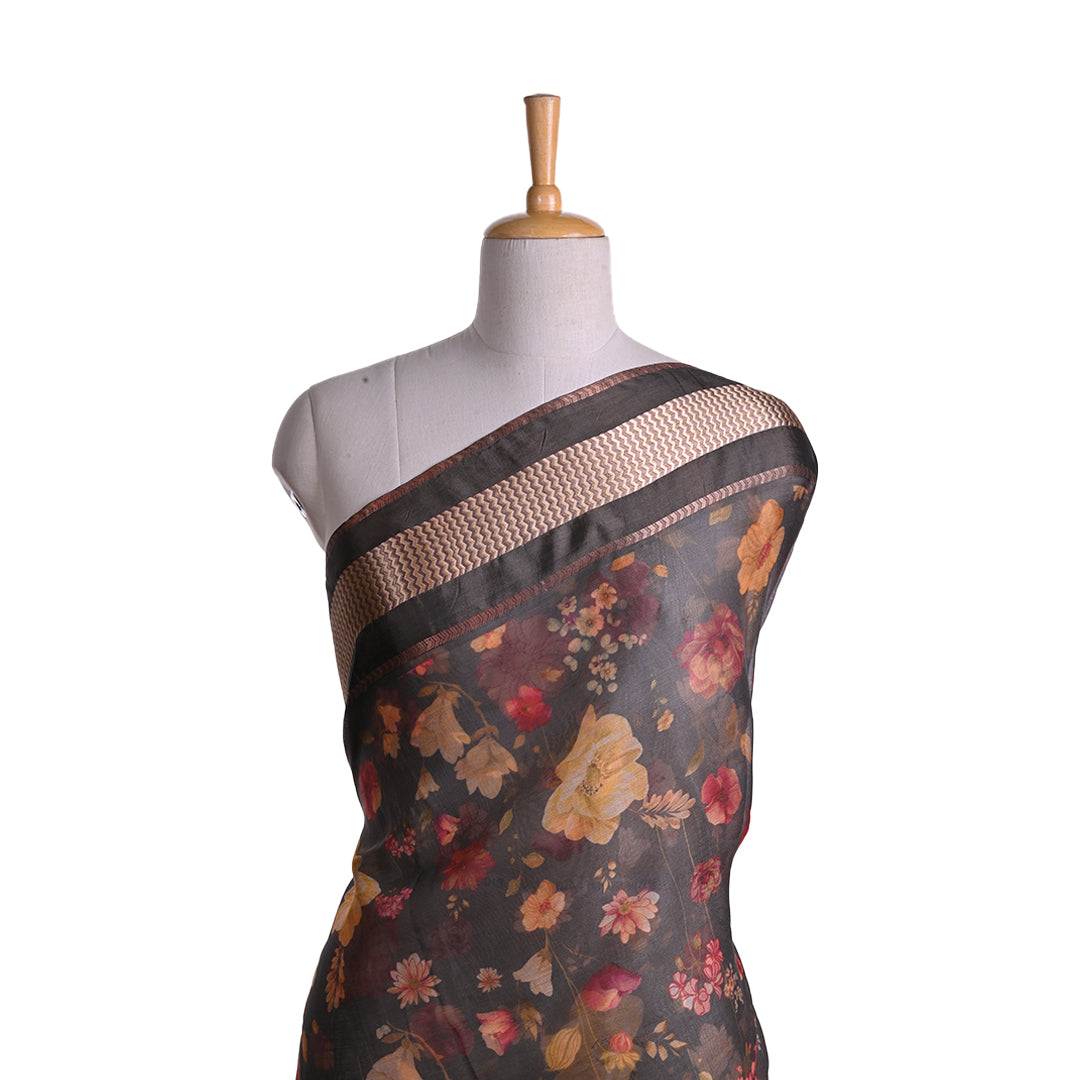 Carbon Grey Printed Floral Maheshwari Silk Fabric