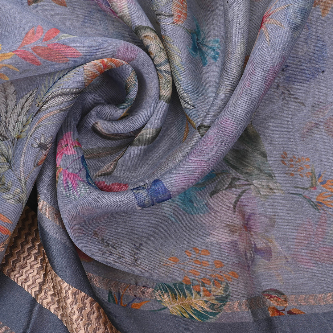 Slate Blue Printed Floral Maheshwari Silk Fabric