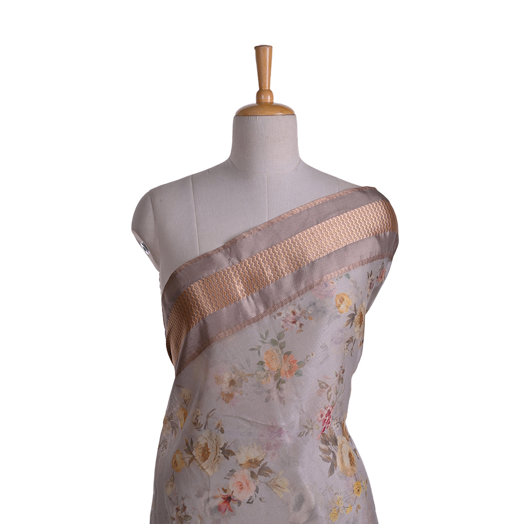 Pink Grey Floral Printed Maheshwari Silk Fabric