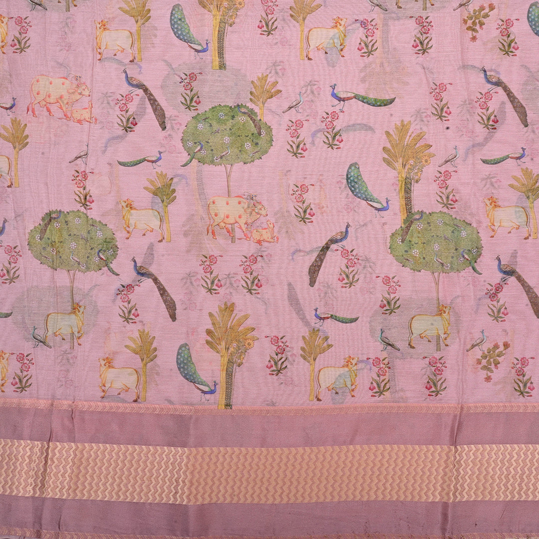 Pastel Pink Printed Pichwai Maheshwari Silk Fabric