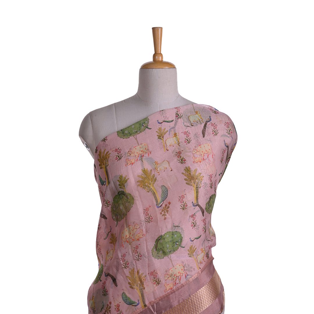 Pastel Pink Printed Pichwai Maheshwari Silk Fabric