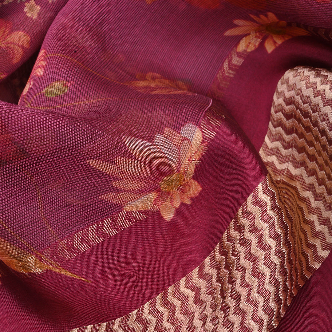 Maroon Pink Floral Printed Maheshwari Silk Fabric