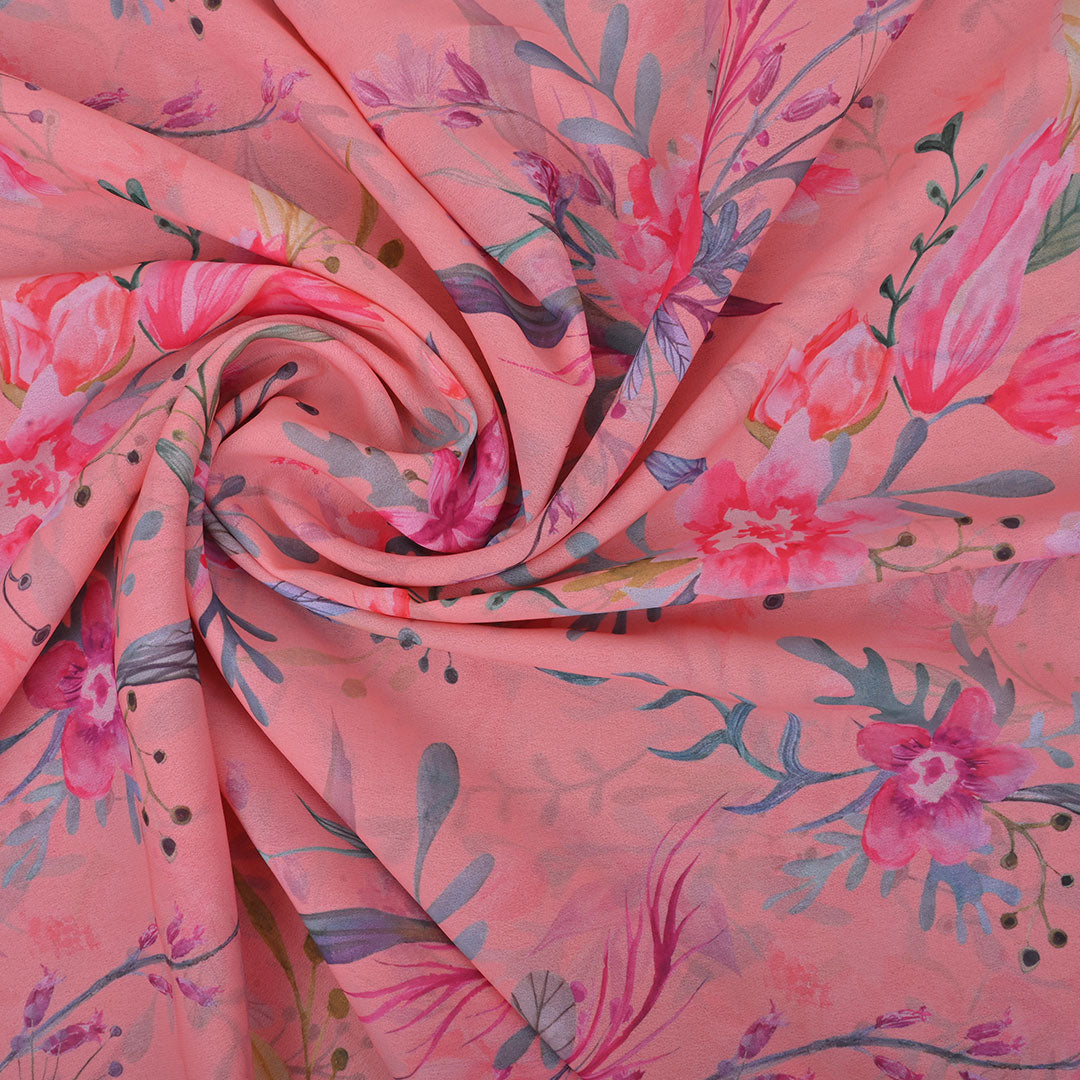 Salmon Pink Floral Printed Georgette Fabric