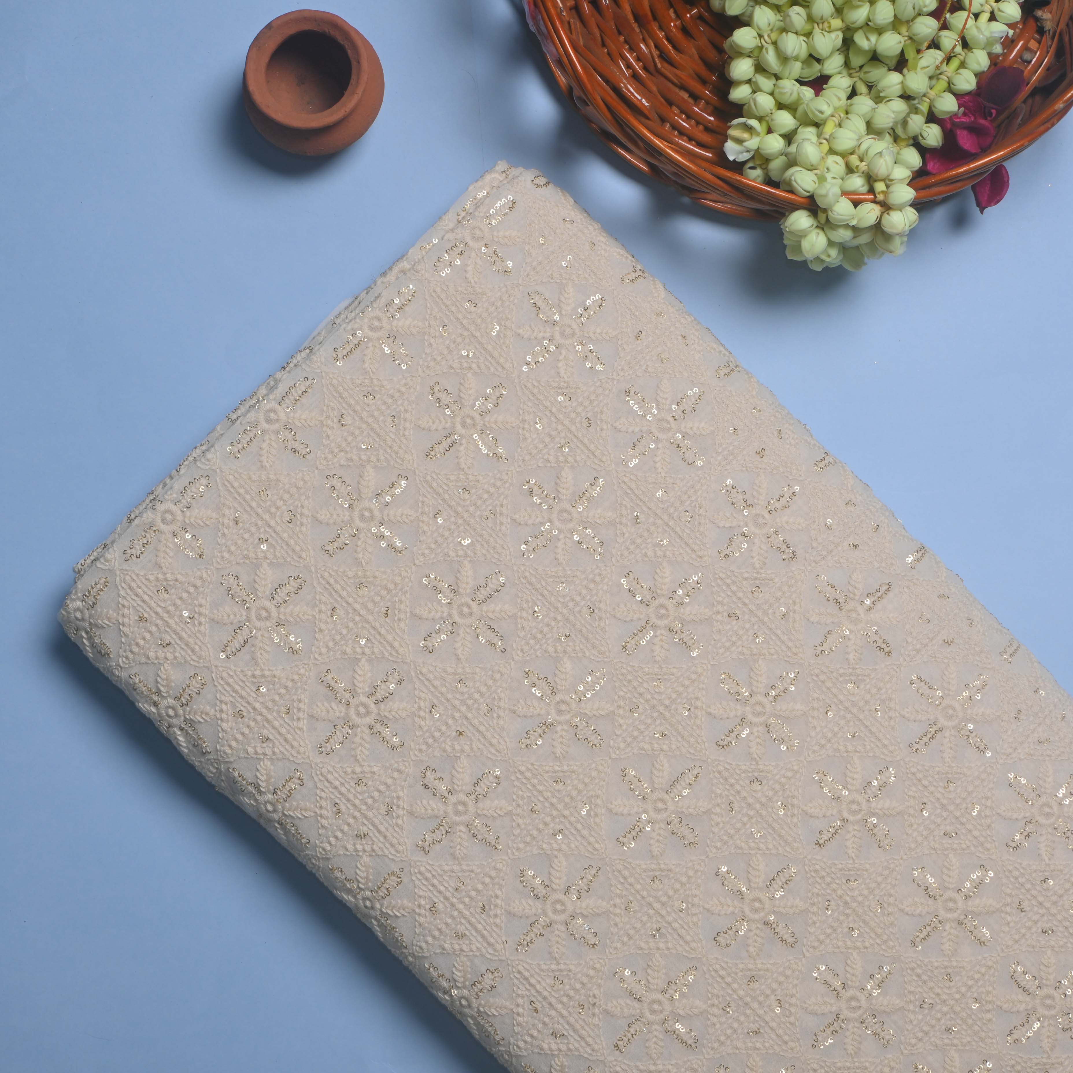 Alabaster White Georgette Fabric With Threadwork Embroidery