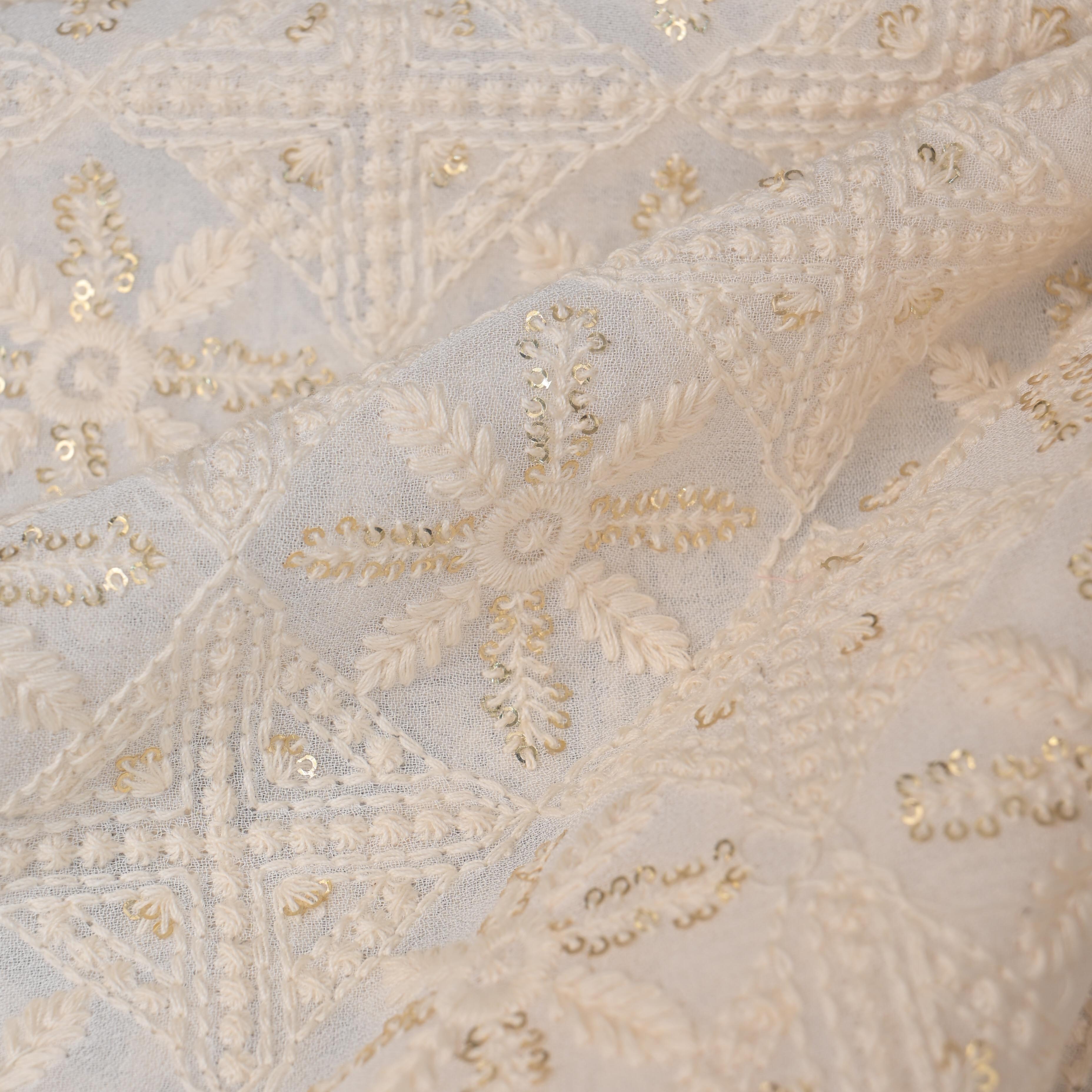 Alabaster White Georgette Fabric With Threadwork Embroidery