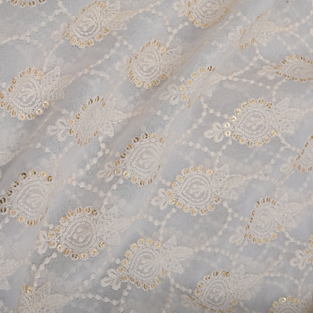 Elegant White Embroidered Georgette Fabric