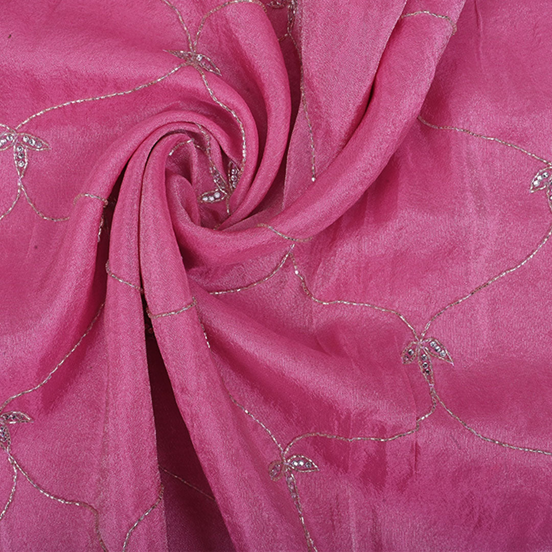 Rose Pink Floral Embroidery Tissue Silk Fabric