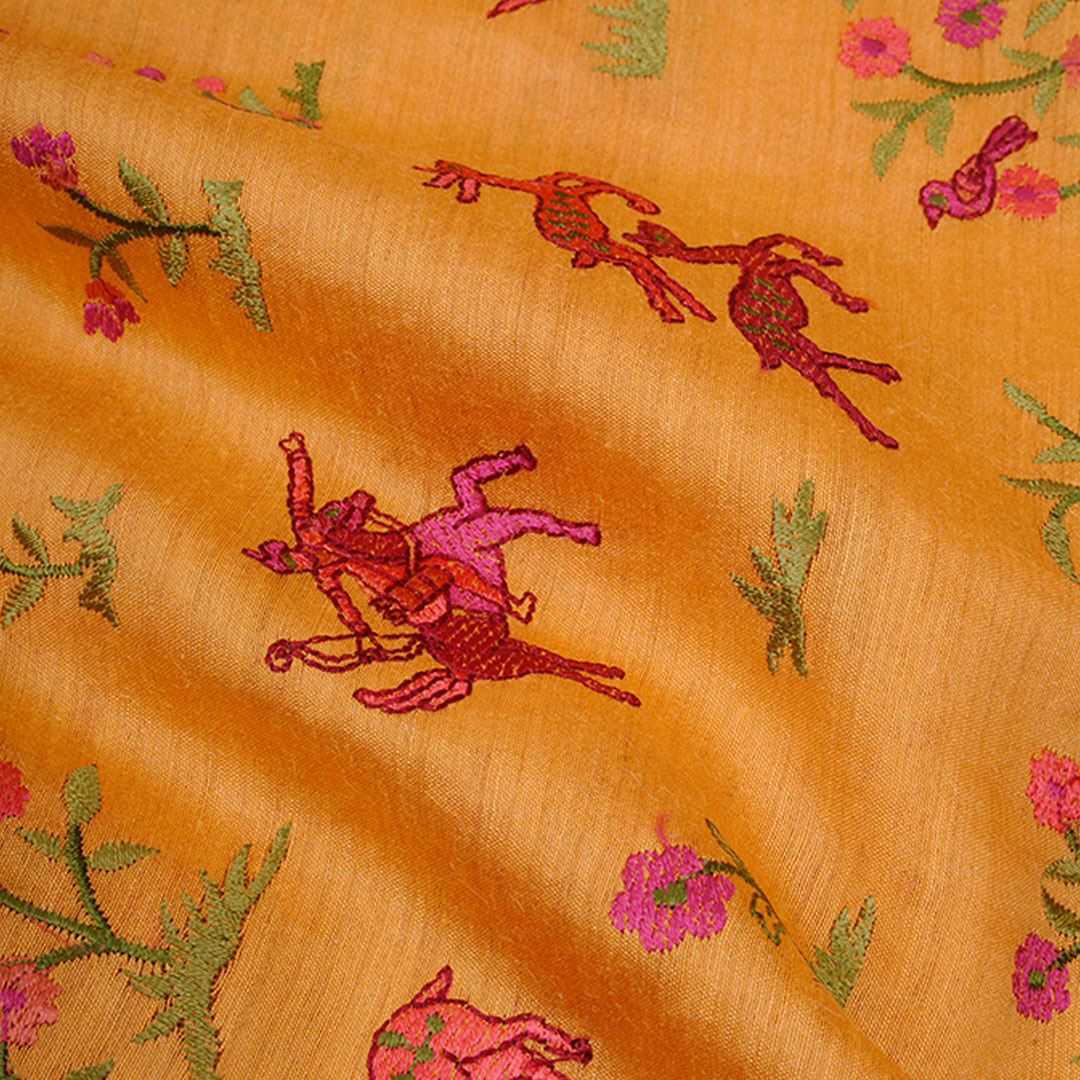 Deep Chrome Yellow Embroidery Moonga Fabric