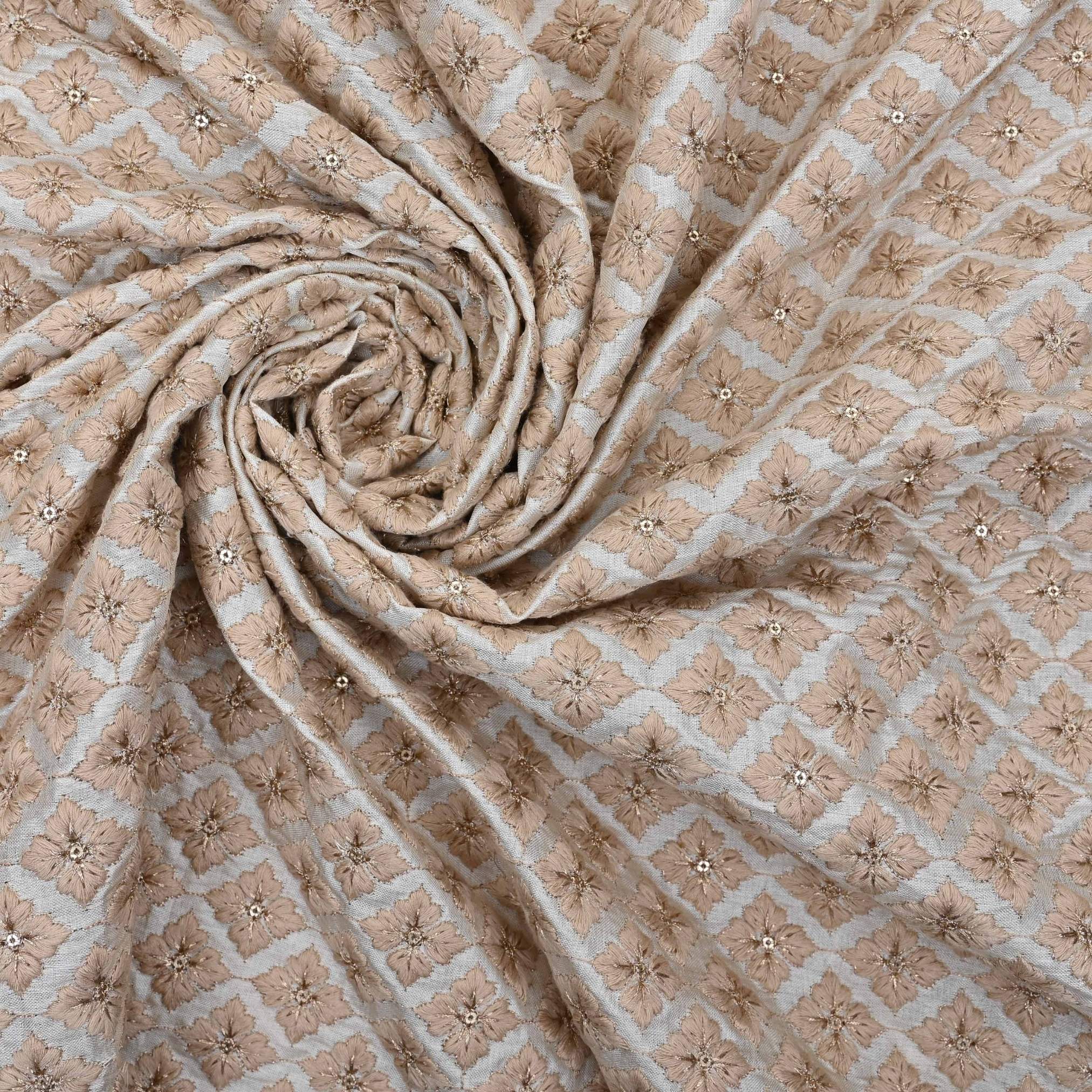 Ivory White Embroidered Raw Silk Fabric