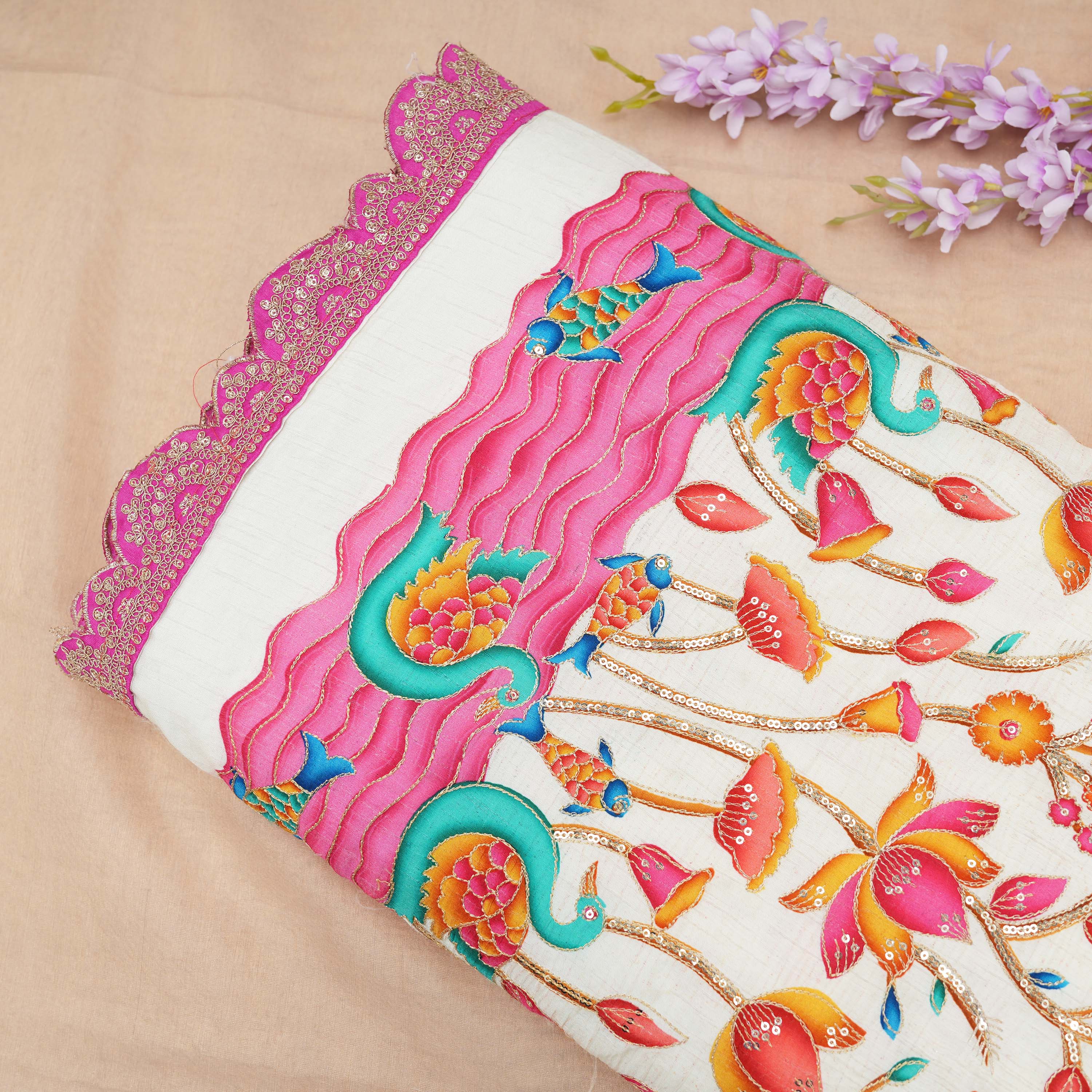 Milk White Colorful Jal Char Motifs Embroidered Silk Fabric