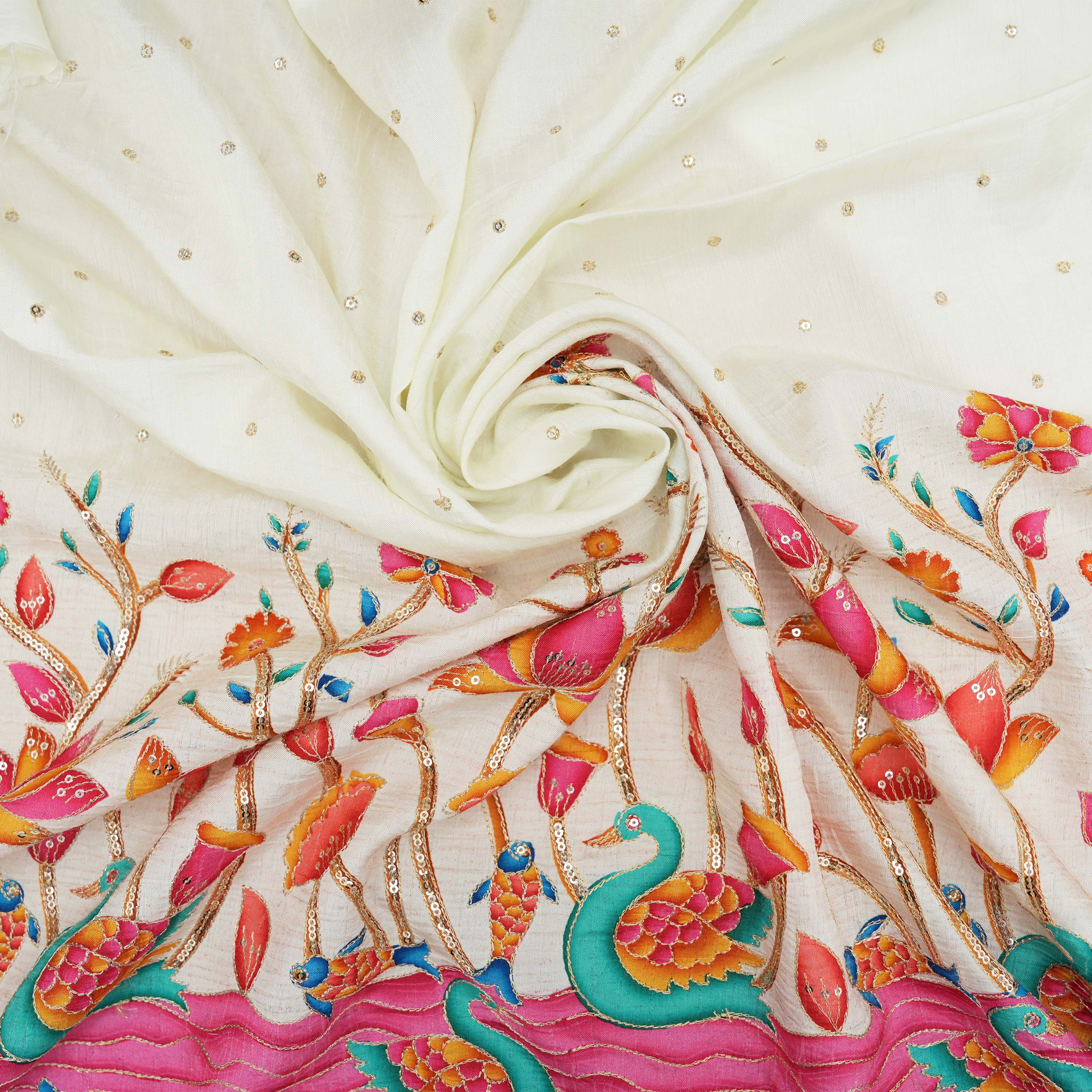 Milk White Colorful Jal Char Motifs Embroidered Silk Fabric