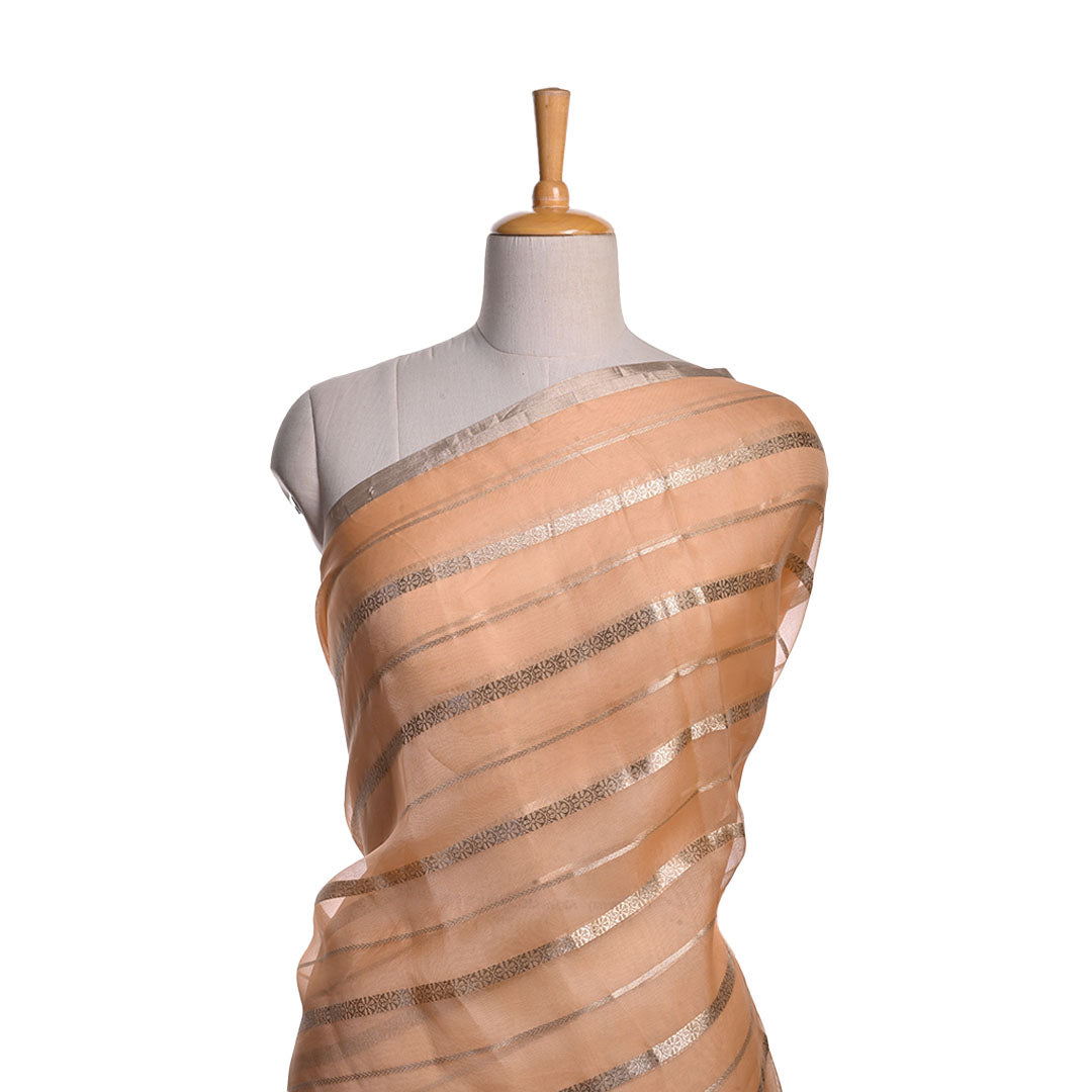 Salmon Orange Organza Fabric With Stripes