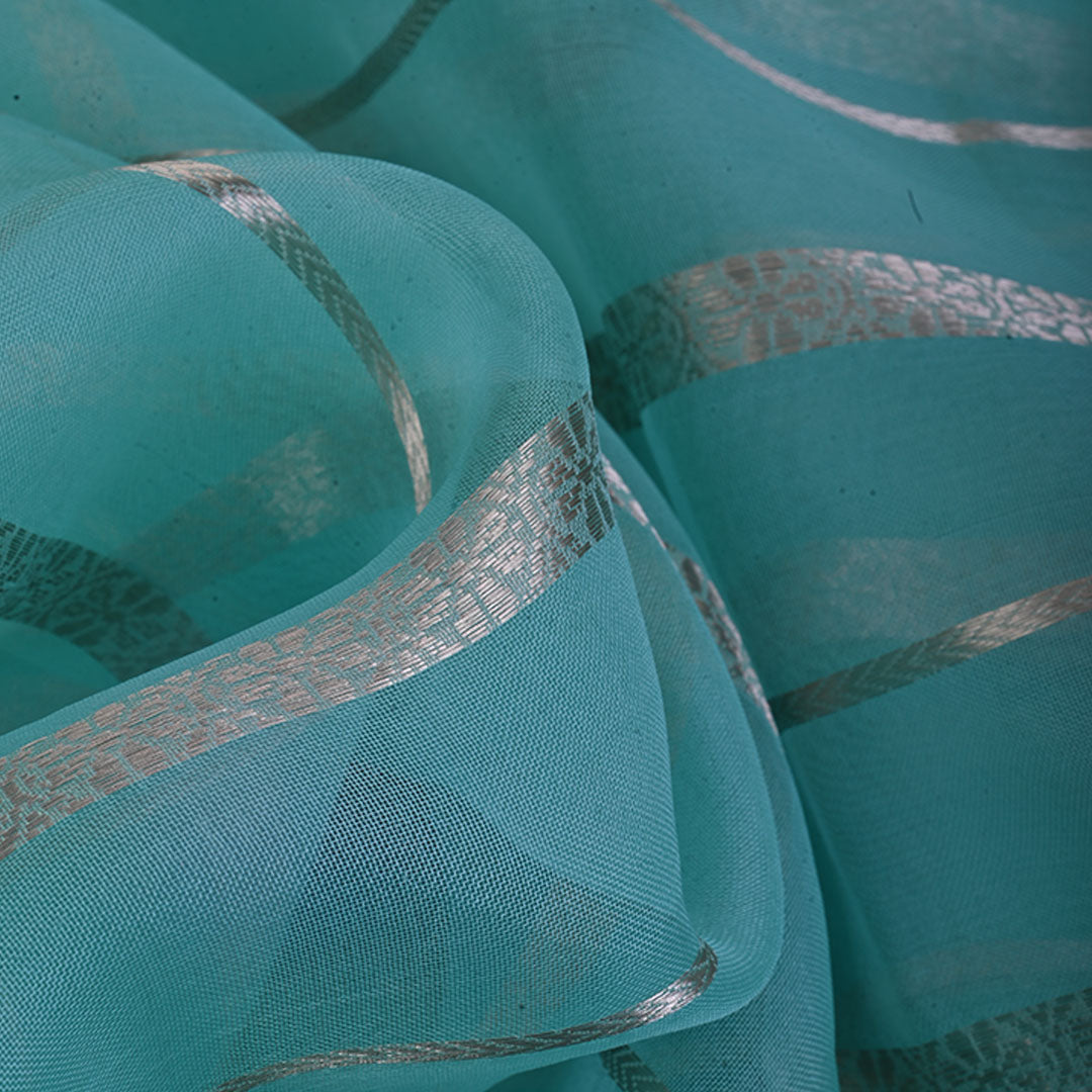Ocean Blue Organza Fabric With Stripes