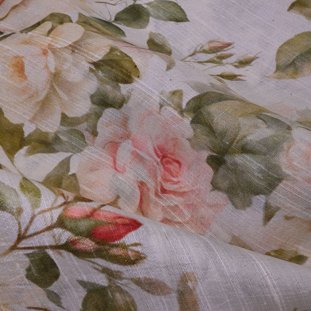 Off-White Floral Printed Raw Silk Fabric