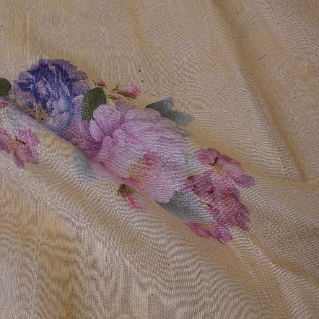 Pastel Yellow Floral Printed Raw Silk Fabric