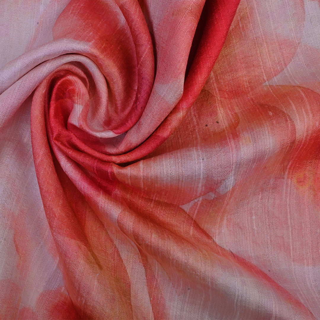 Pastel Red Floral Printed Raw Silk Fabric