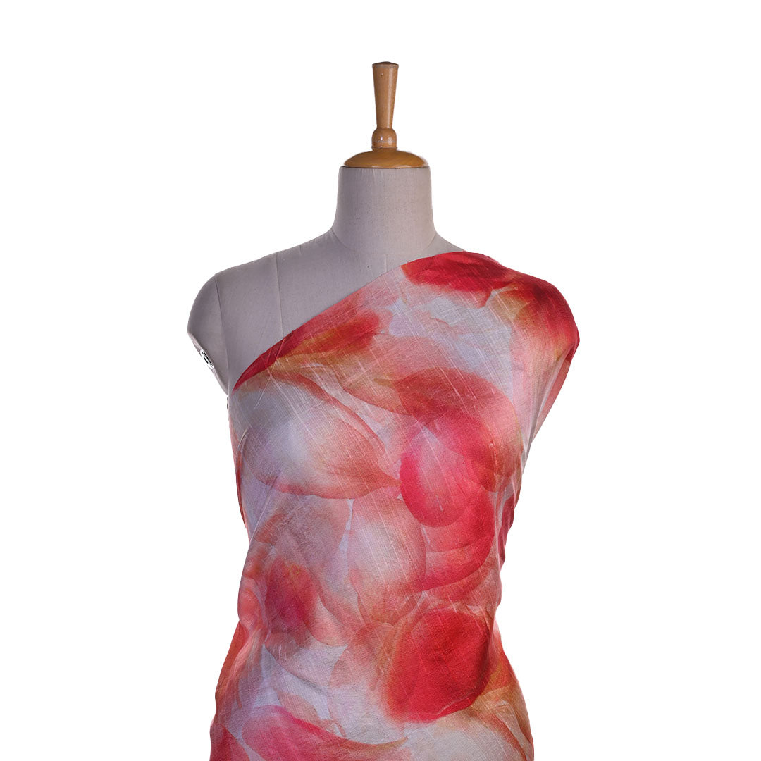 Pastel Red Floral Printed Raw Silk Fabric
