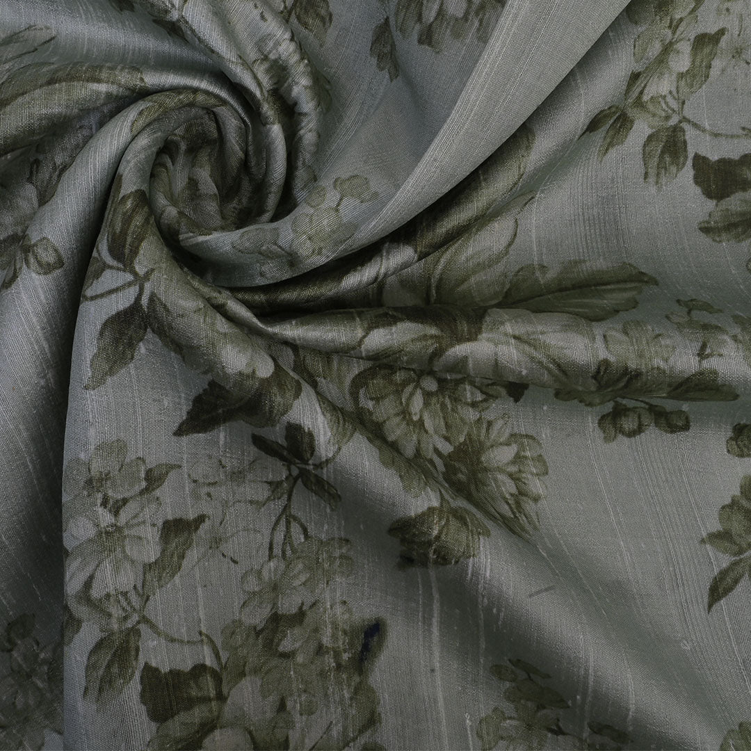 Mantis Green Floral Printed Raw Silk Fabric