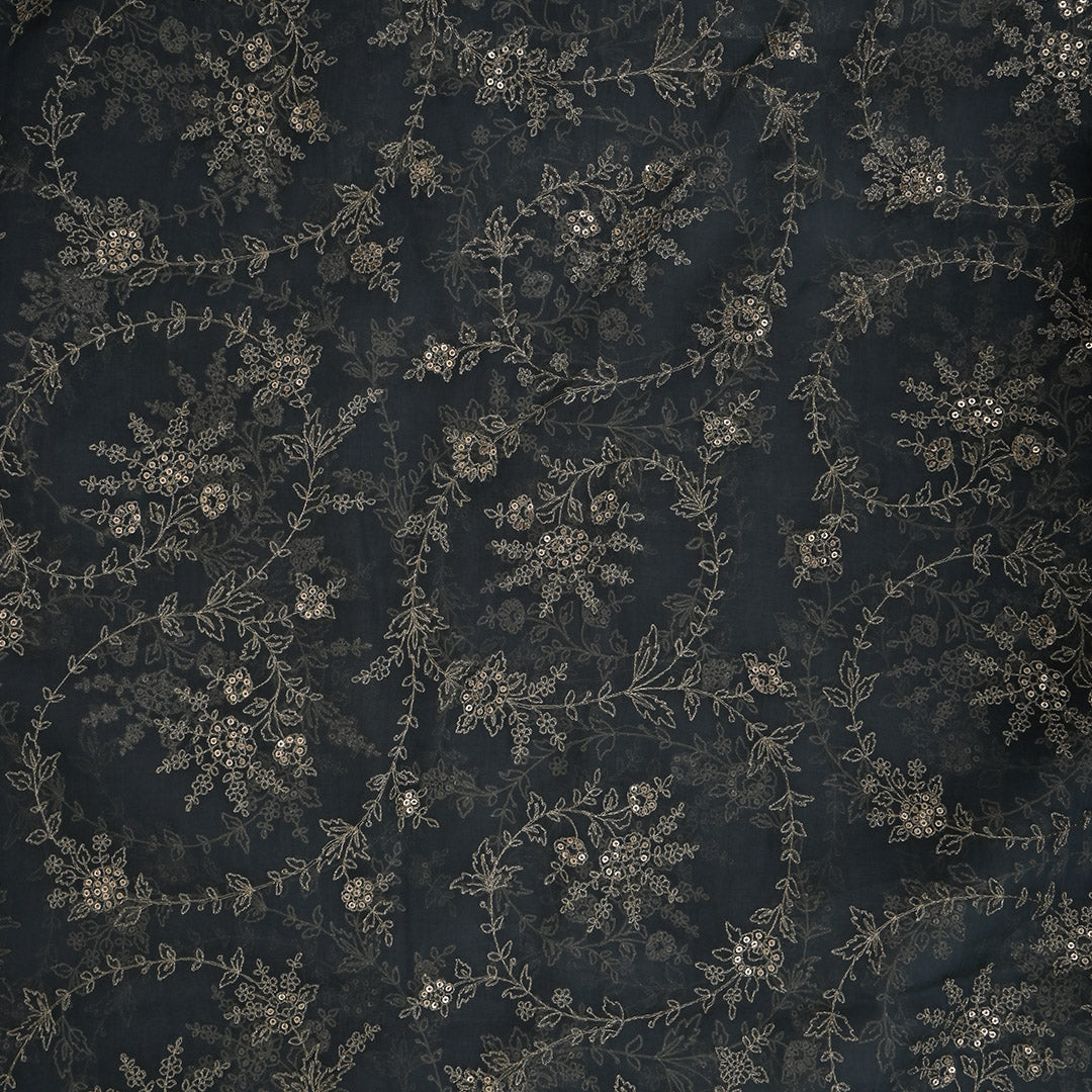 Anchor Grey Floral Embroidered Organza Fabric