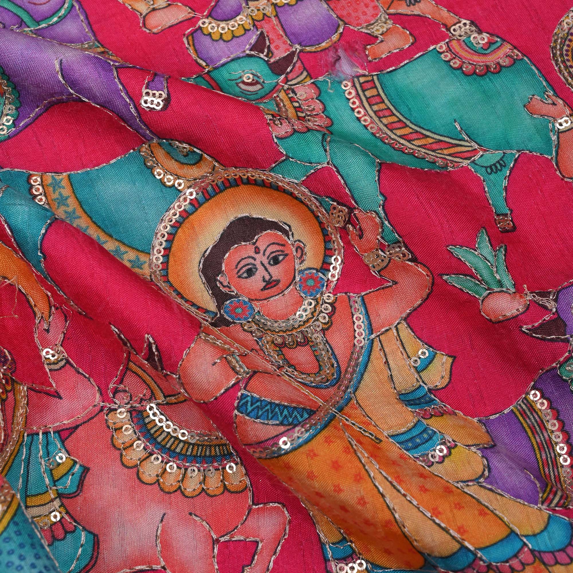 Raspberry Red Printed Pichwai Raw Silk Fabric With Embroidery