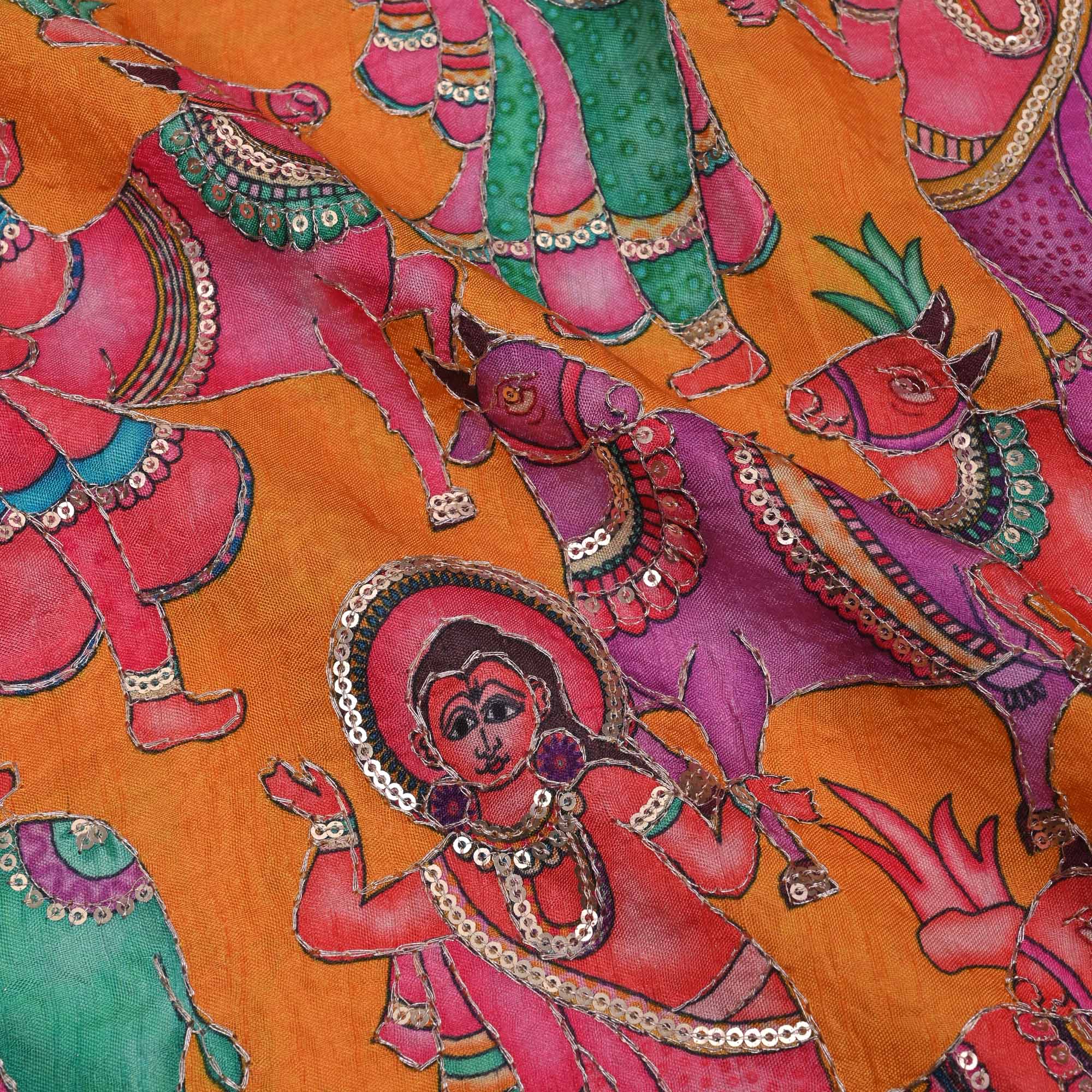 Yellow-Orange Printed Pichwai Raw Silk Fabric With Embroidery