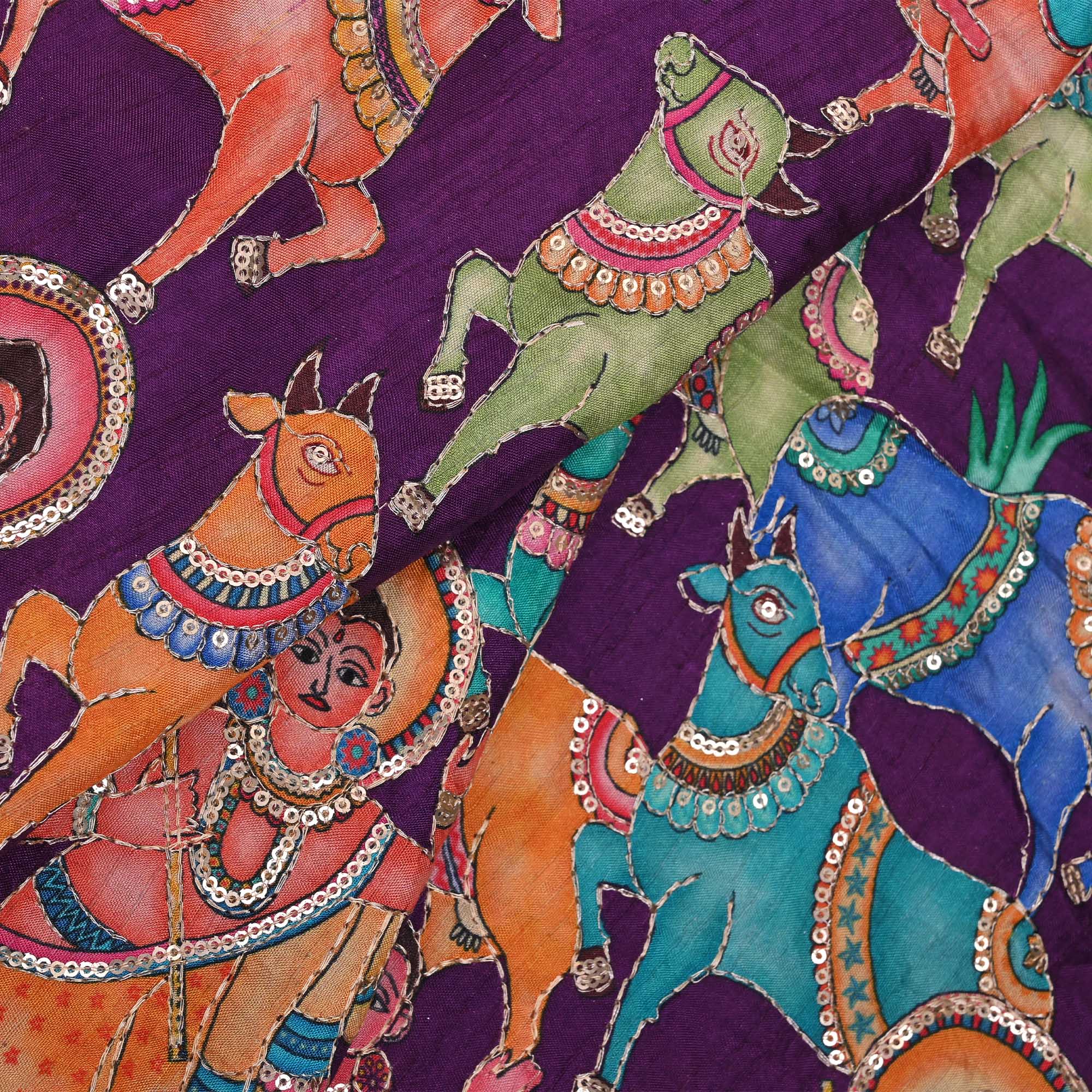 Imperial Purple Printed Pichwai Raw Silk Fabric With Embroidery