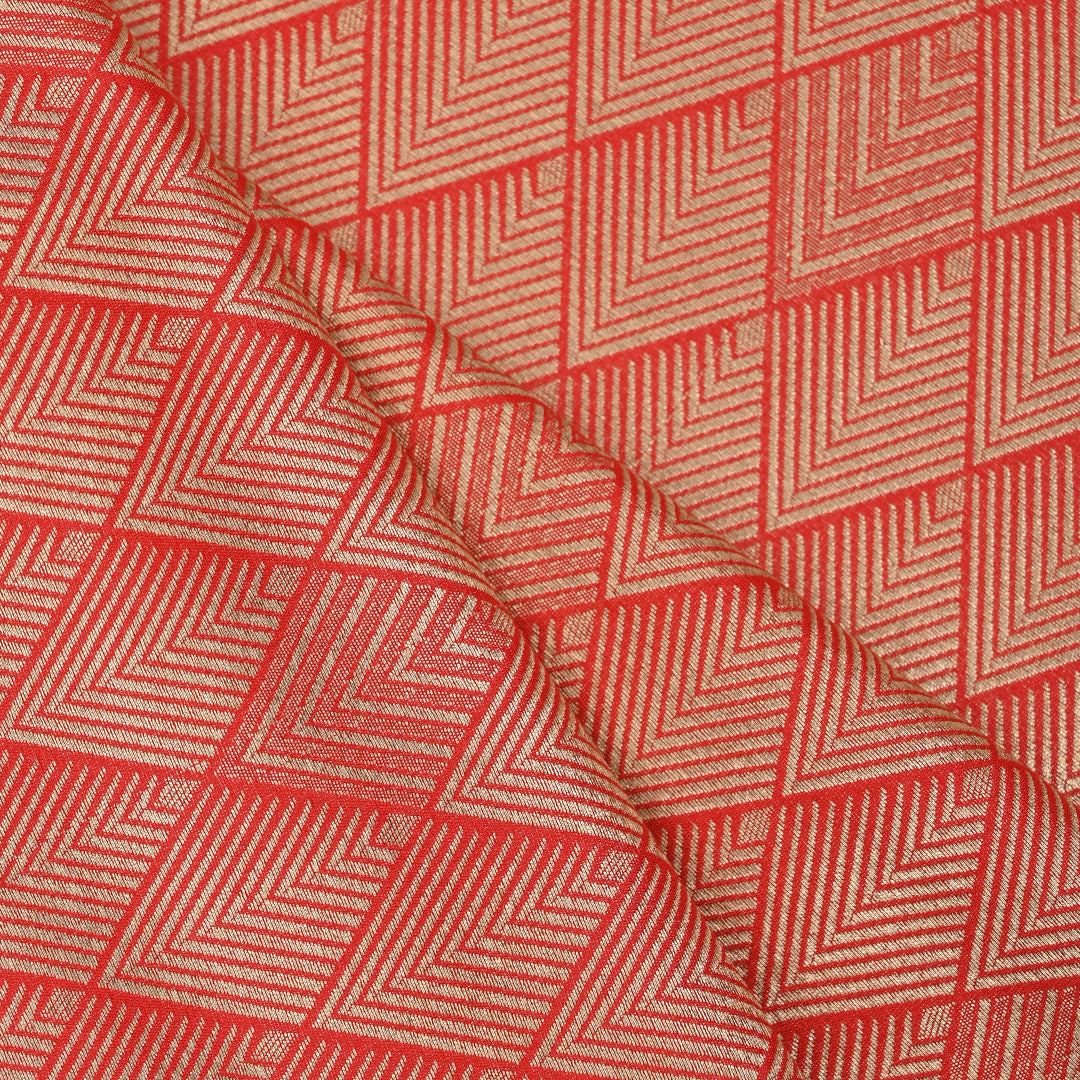 Red Orange Banarasi Fabric With Geometrical Weave