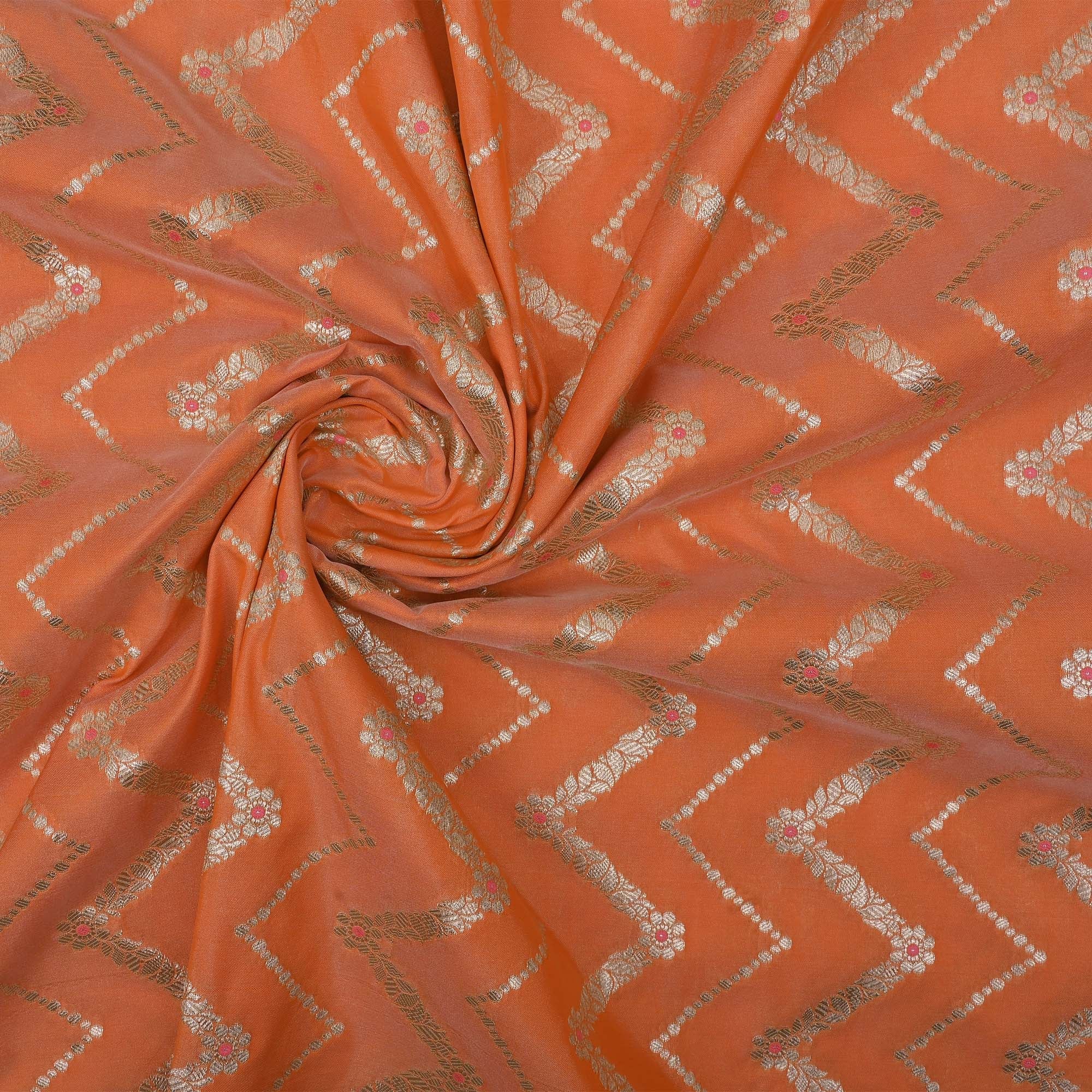 Royal Orange Meenakari Banarasi Fabric With Chevron Pattern