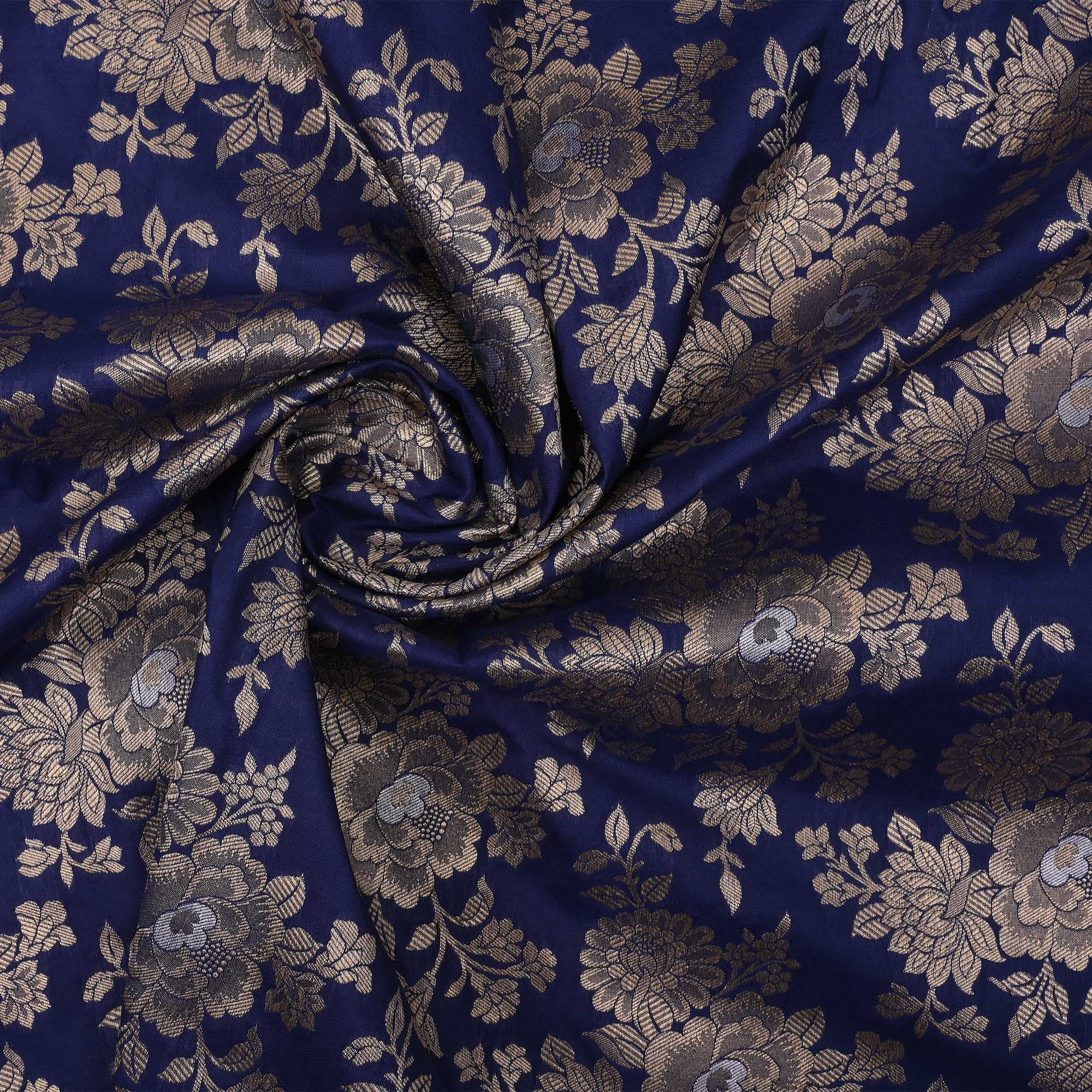 Dark Sapphire Blue Banarasi Fabric With Floral Jaal