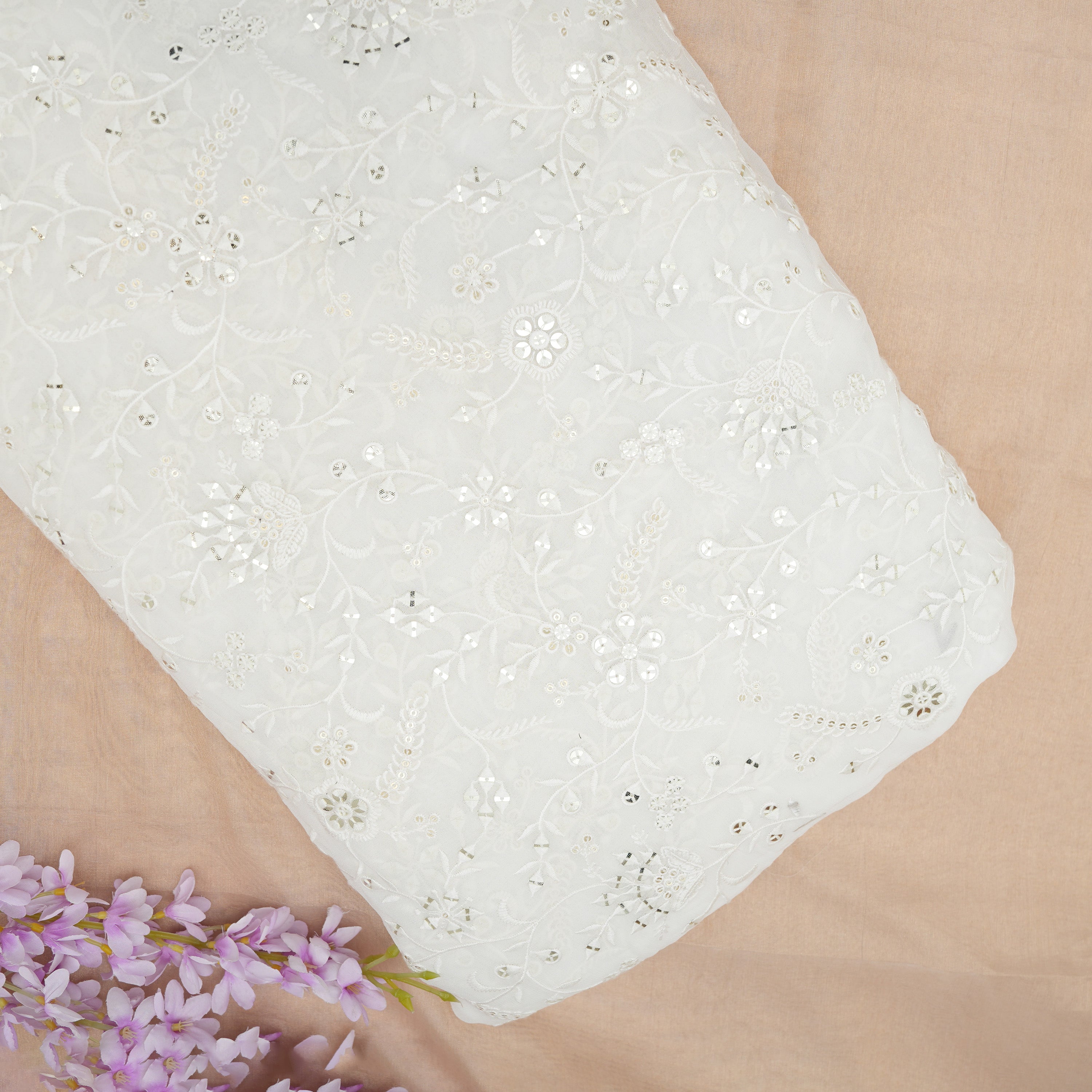 White Smoke Georgette Floral Thread Embroidered Fabric