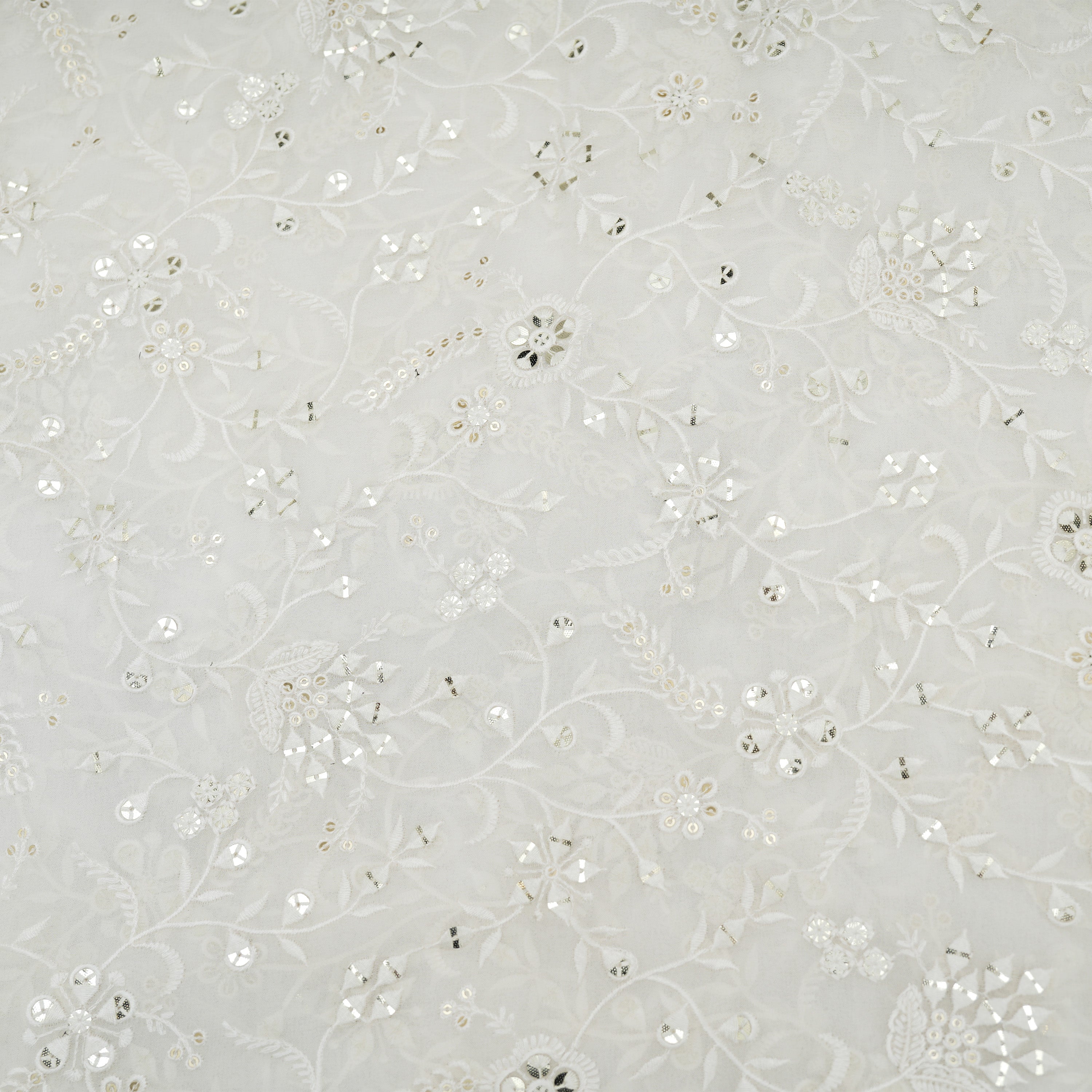 White Smoke Georgette Floral Thread Embroidered Fabric