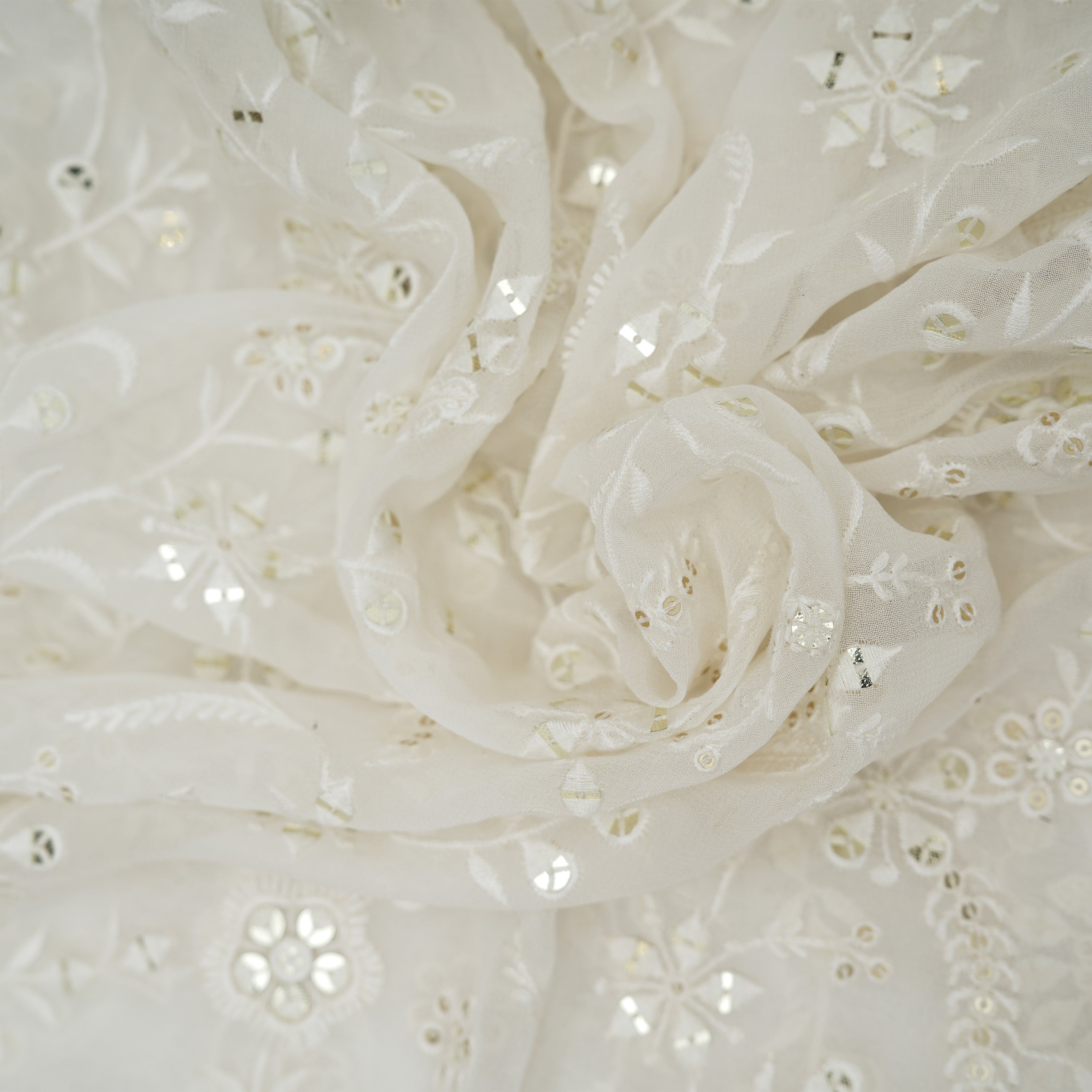 White Smoke Georgette Floral Thread Embroidered Fabric