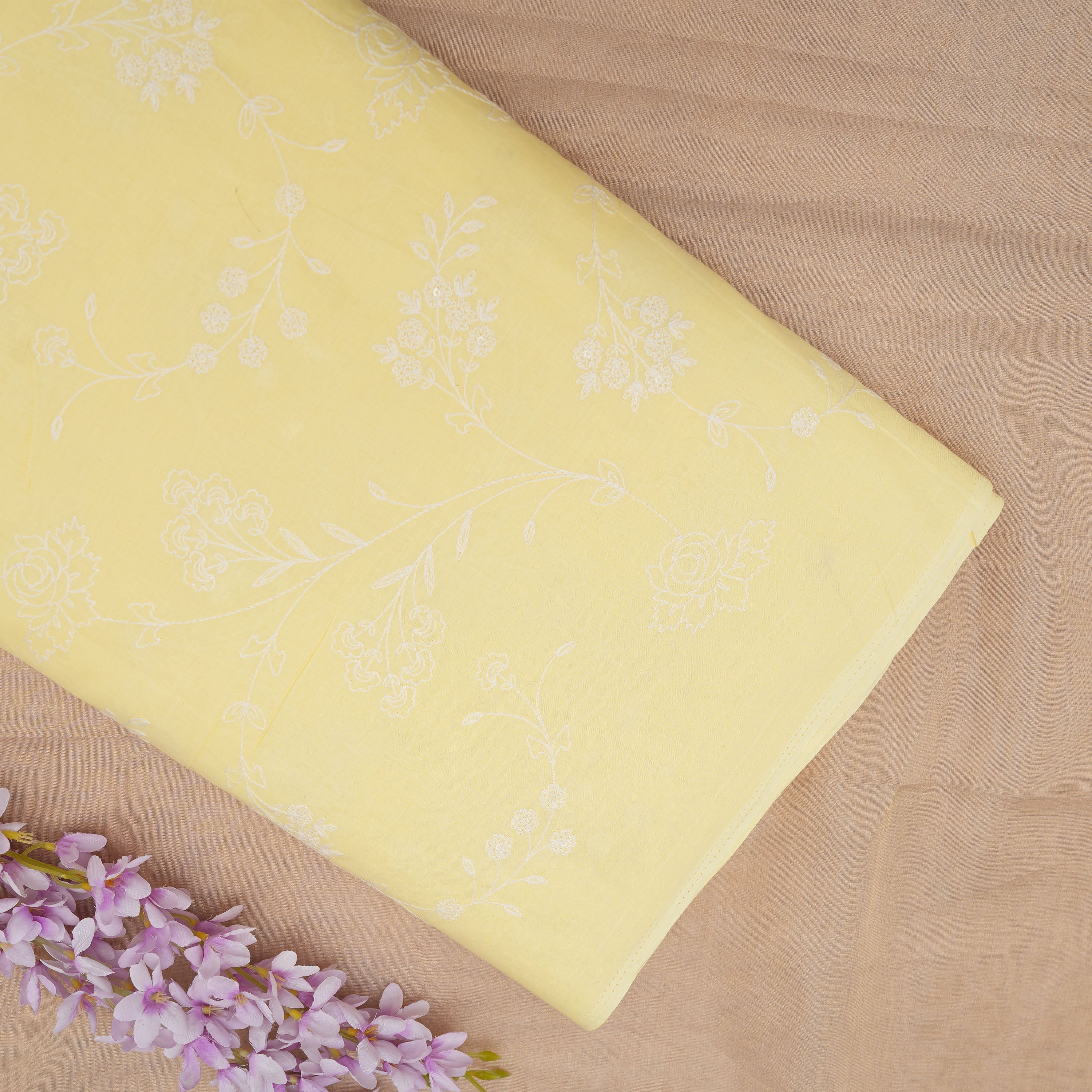 Very Pale Yellow Floral Jaal Embroidered Cotton Fabric