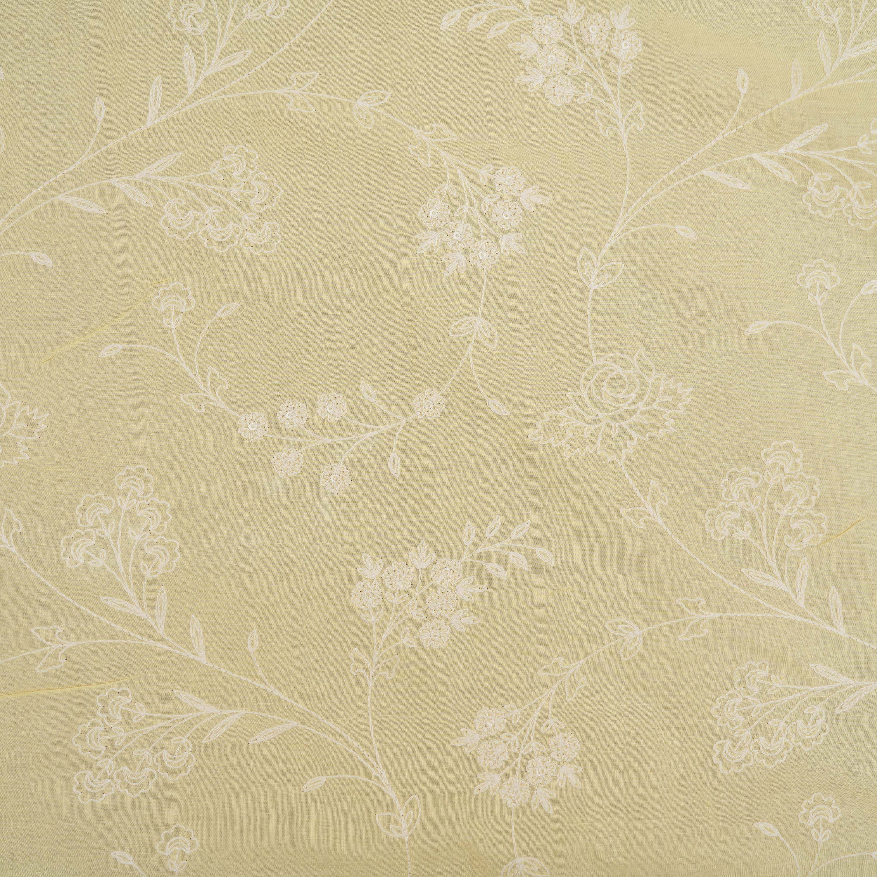 Very Pale Yellow Floral Jaal Embroidered Cotton Fabric