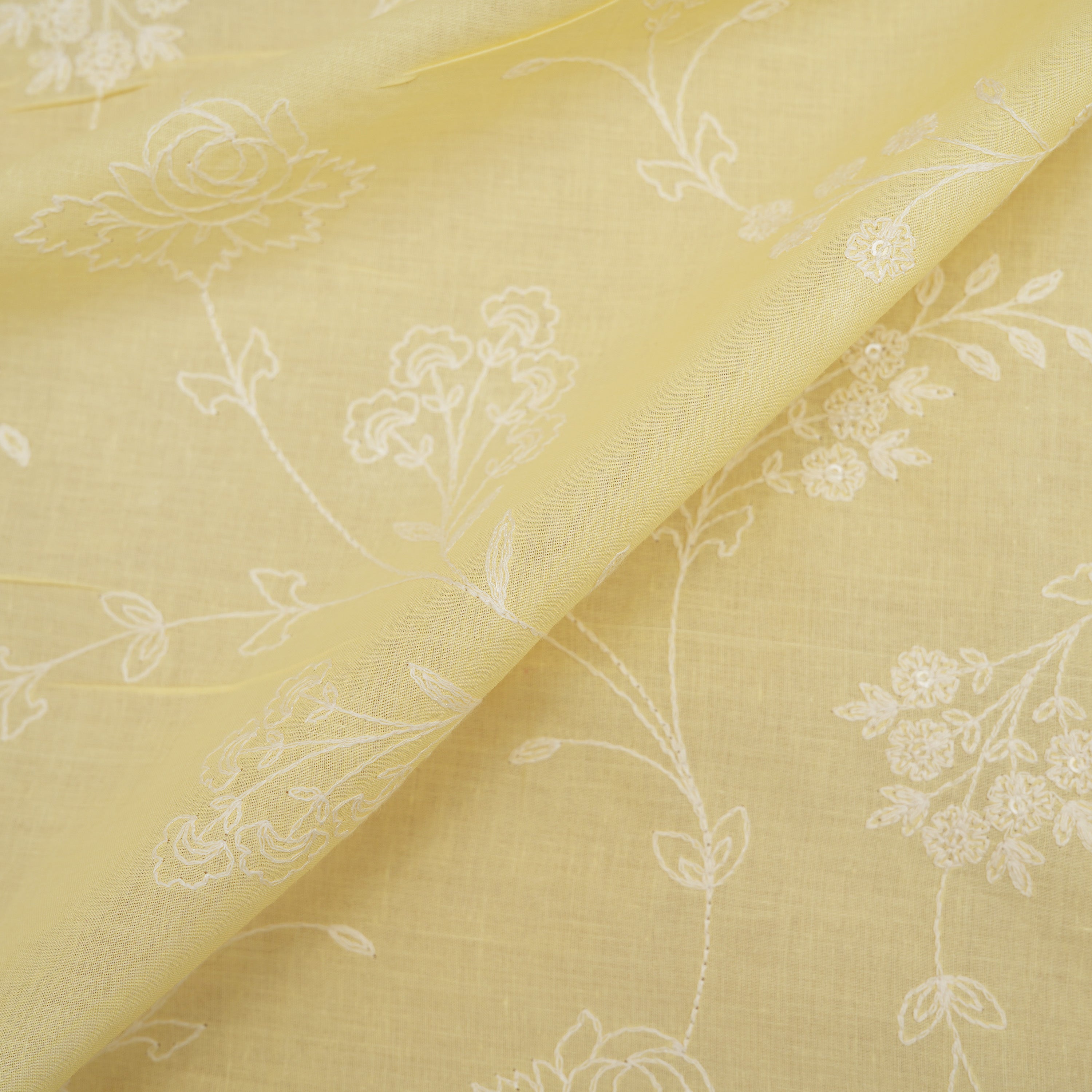 Very Pale Yellow Floral Jaal Embroidered Cotton Fabric