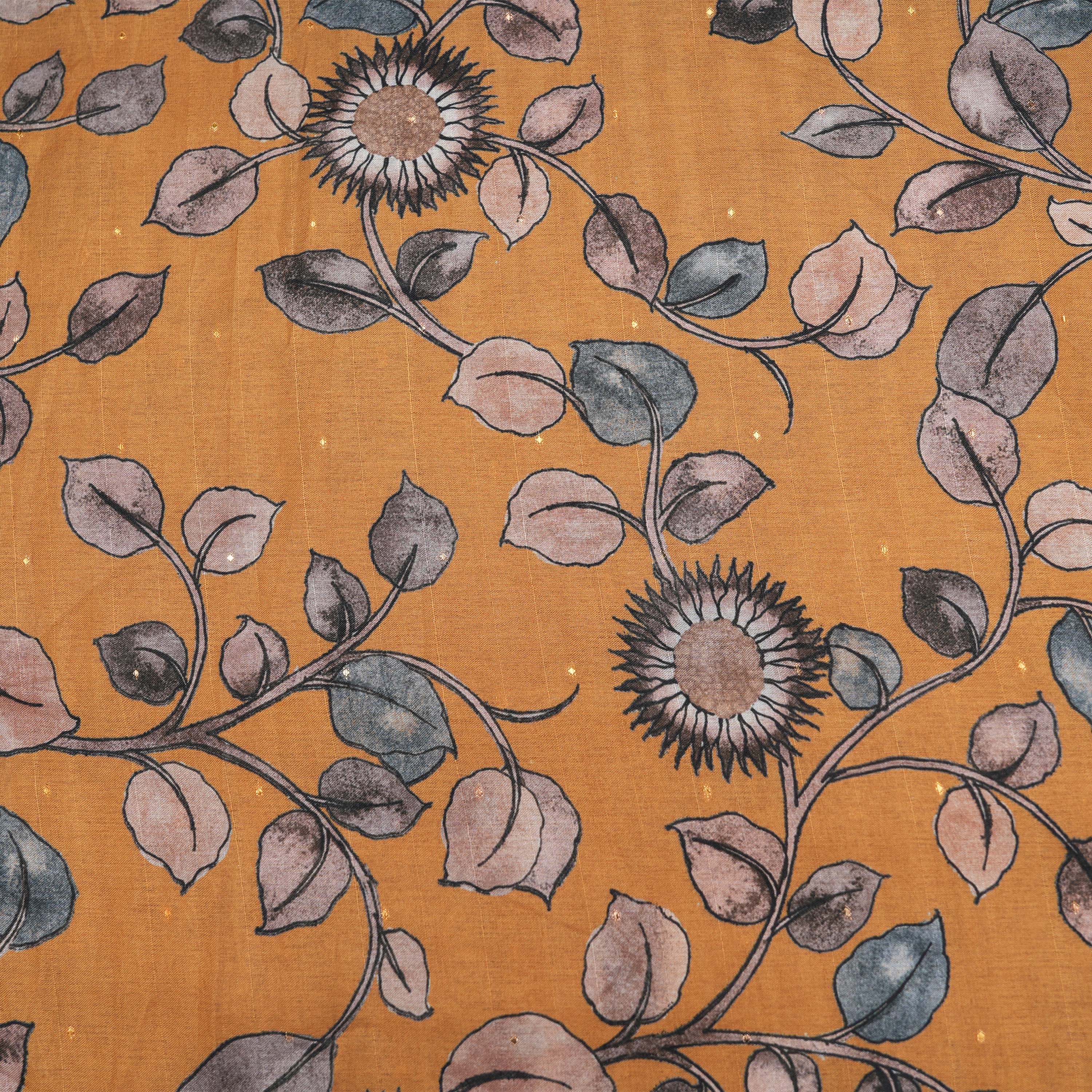 Indian Yellow Floral Jaal On Printed Tussar Fabric With Mirrors