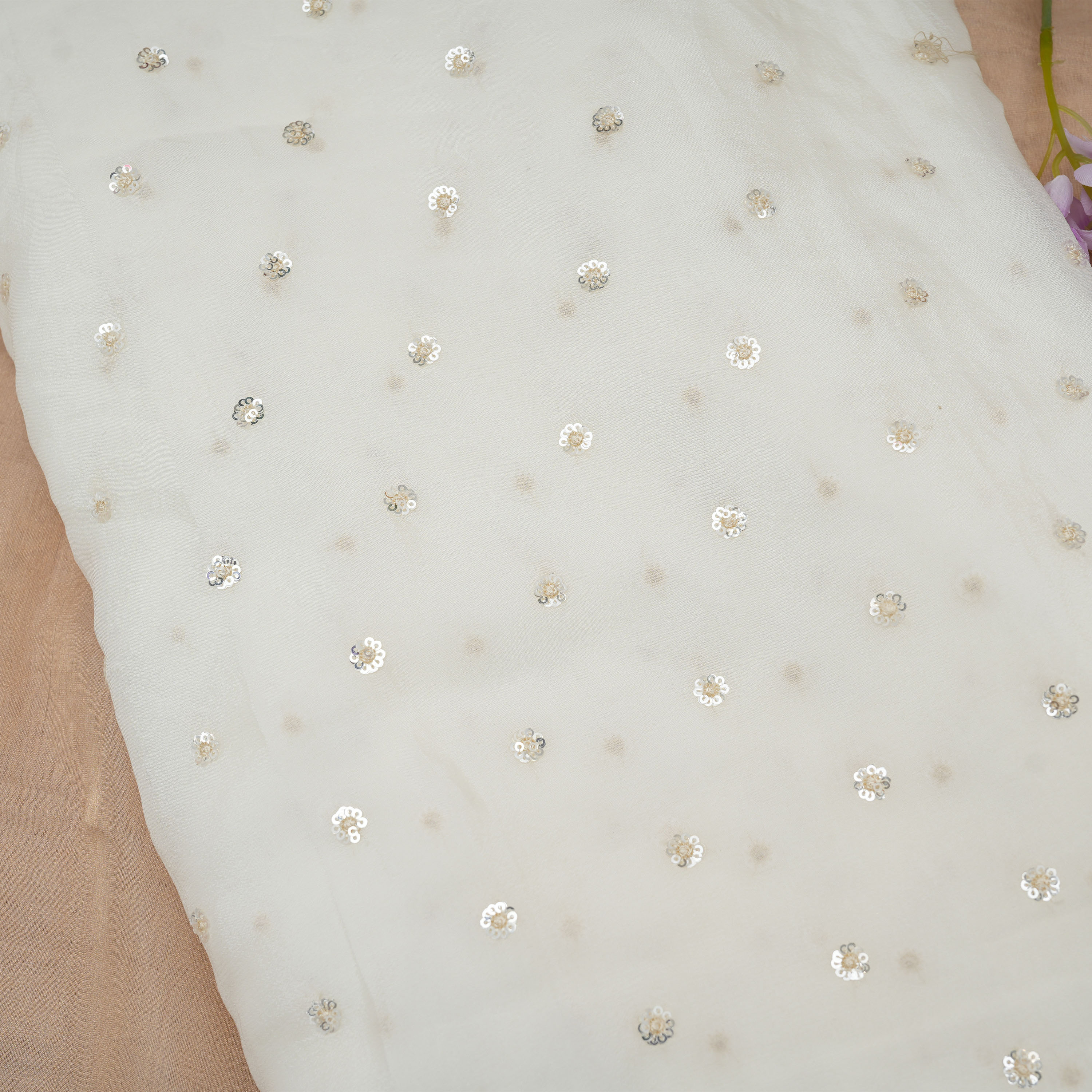 Alabaster White Chiffon Fabric With Mini Floral Sequins