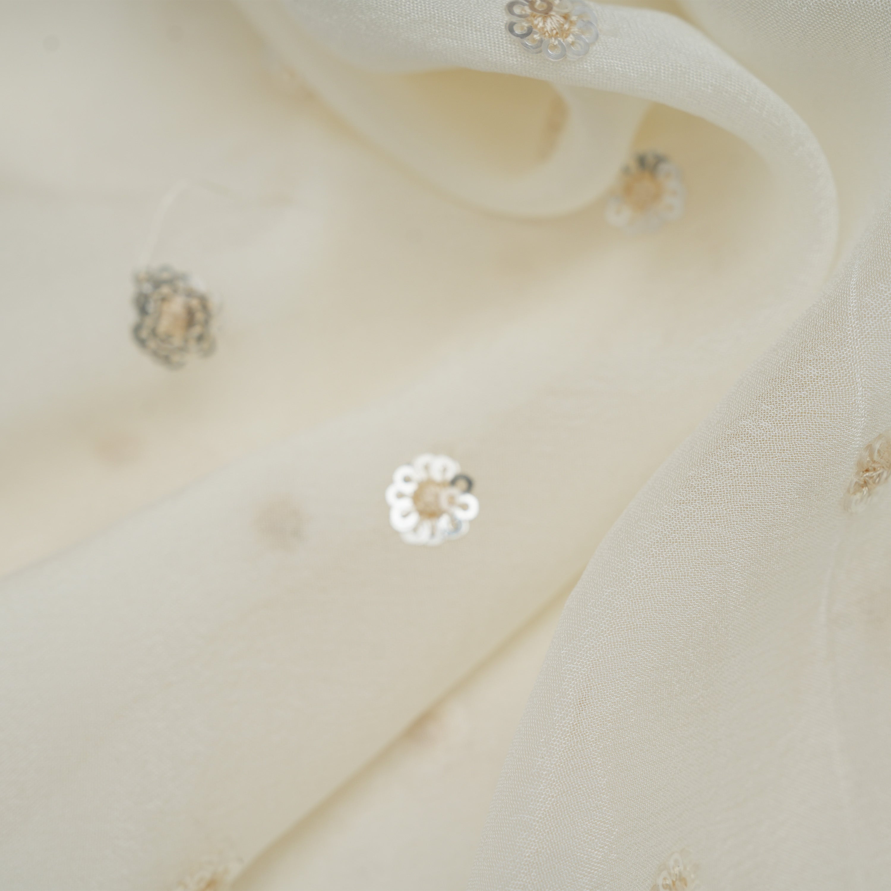 Alabaster White Chiffon Fabric With Mini Floral Sequins