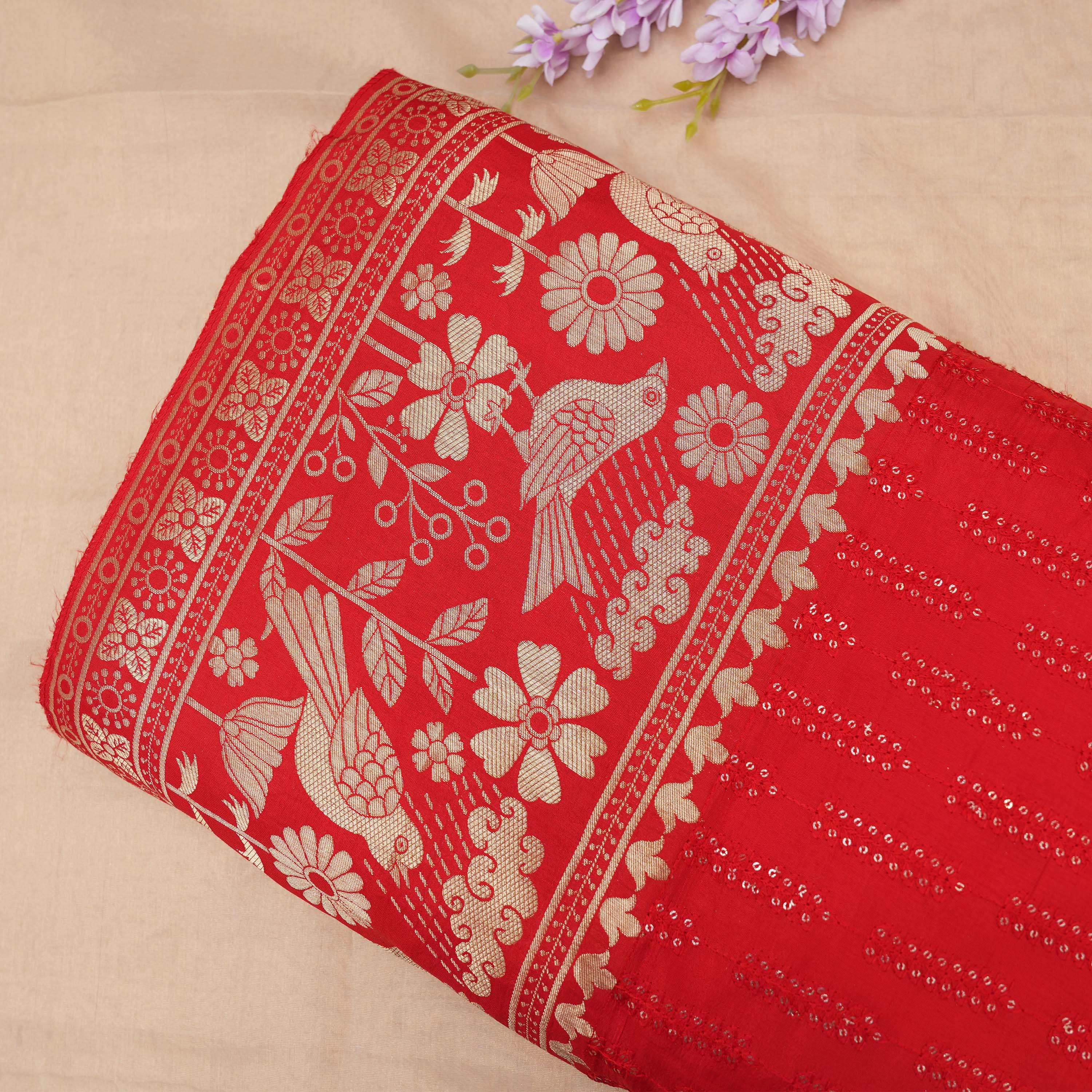 Persian Red Kili Motif Border Embroidered Silk Fabric