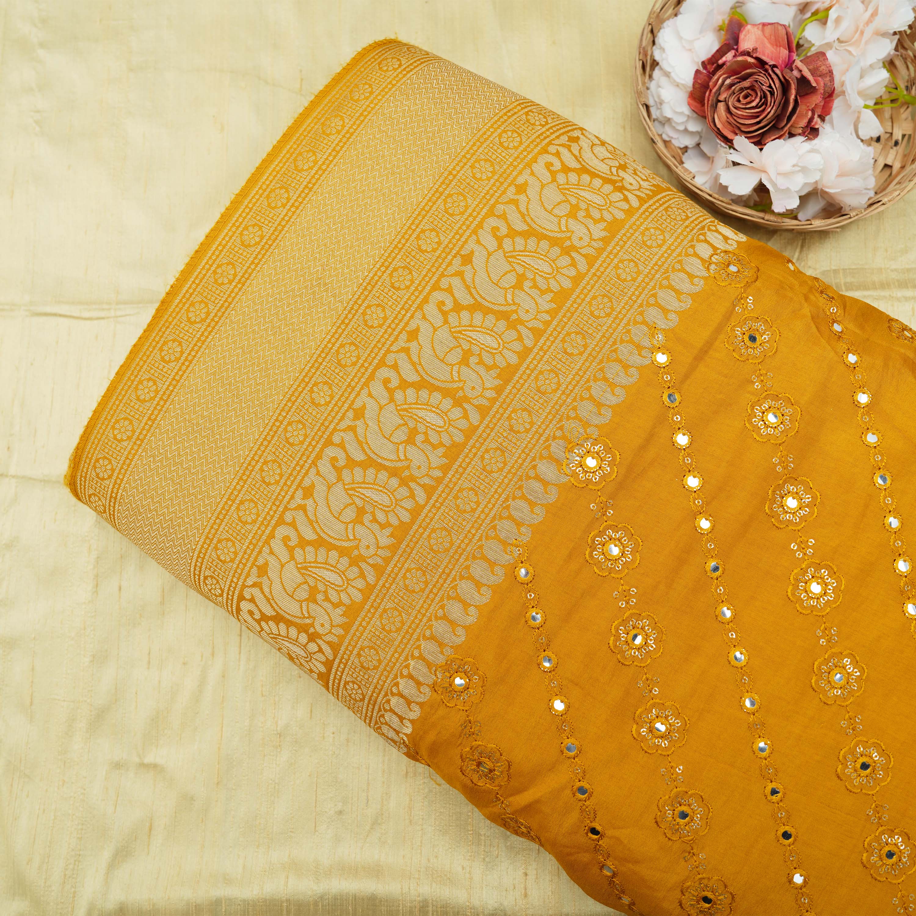 Mustard Yellow Mirror Work Zari Border Dupion Silk Fabric