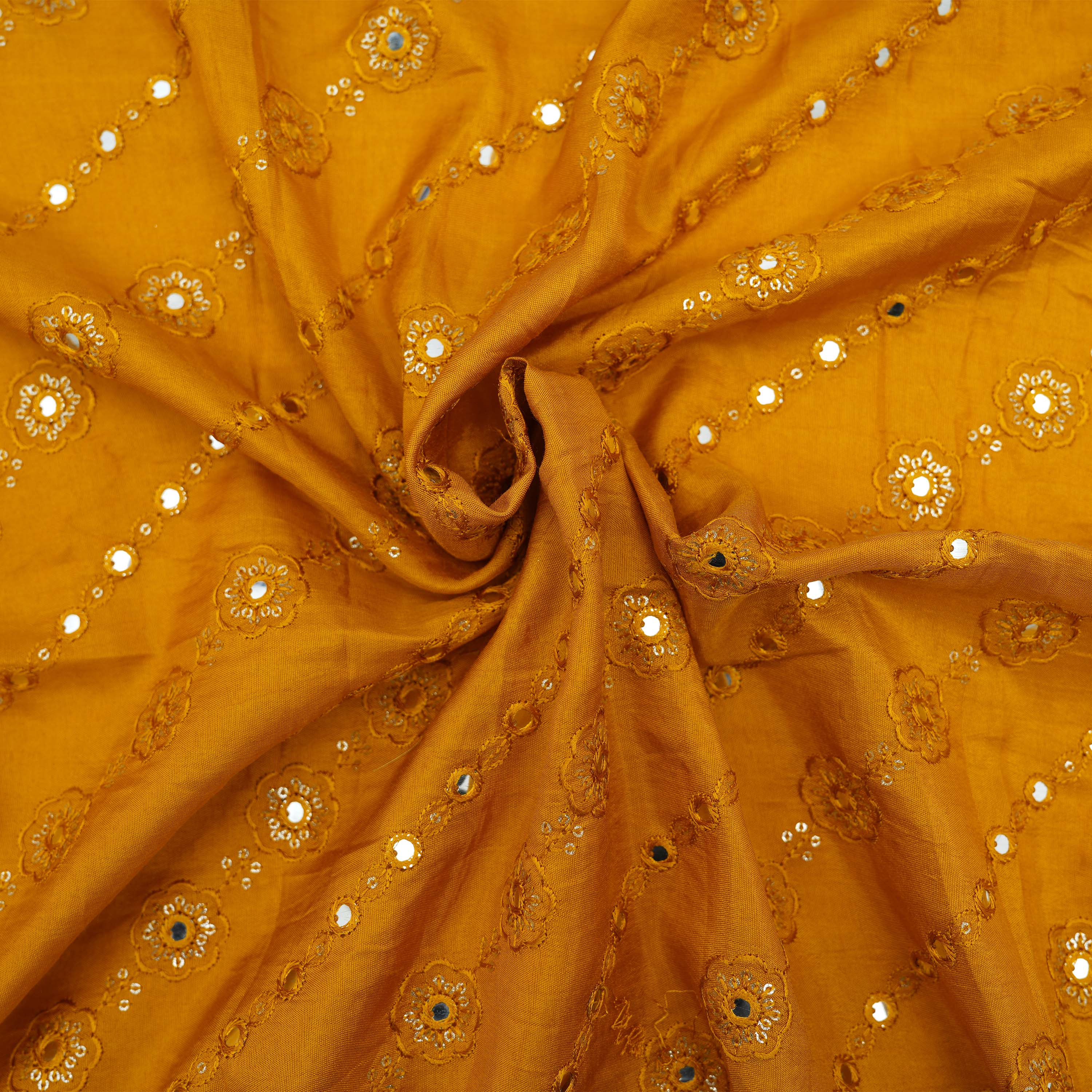 Mustard Yellow Mirror Work Zari Border Dupion Silk Fabric