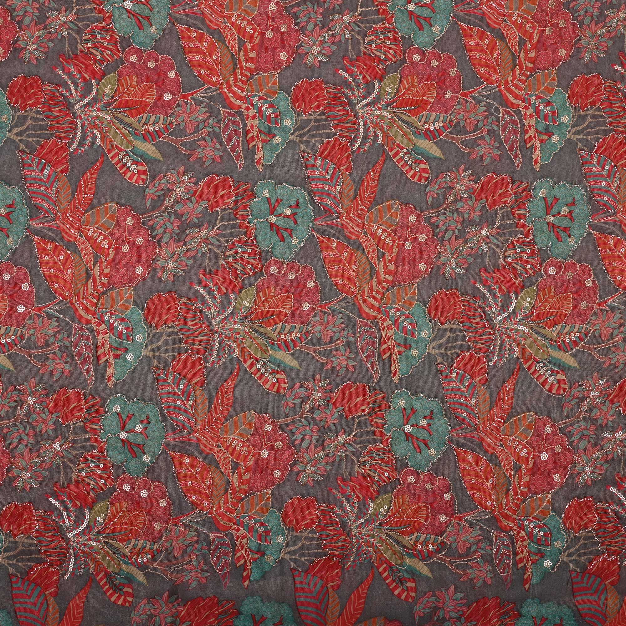 Carbon Grey Printed Floral Tissue Fabric With Embroidery