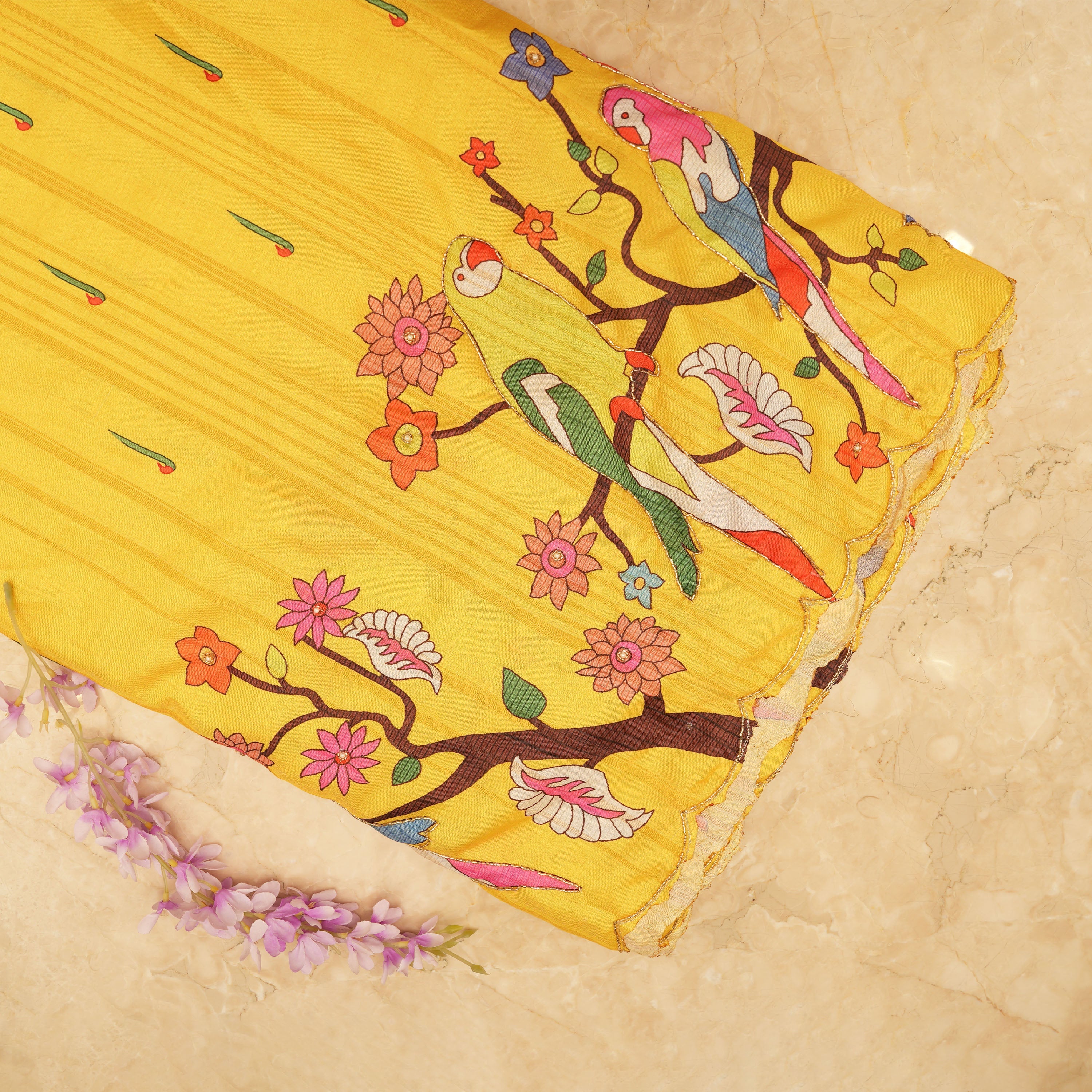 Tuscany Yellow Kili Motif Border Printed Raw Silk Fabric