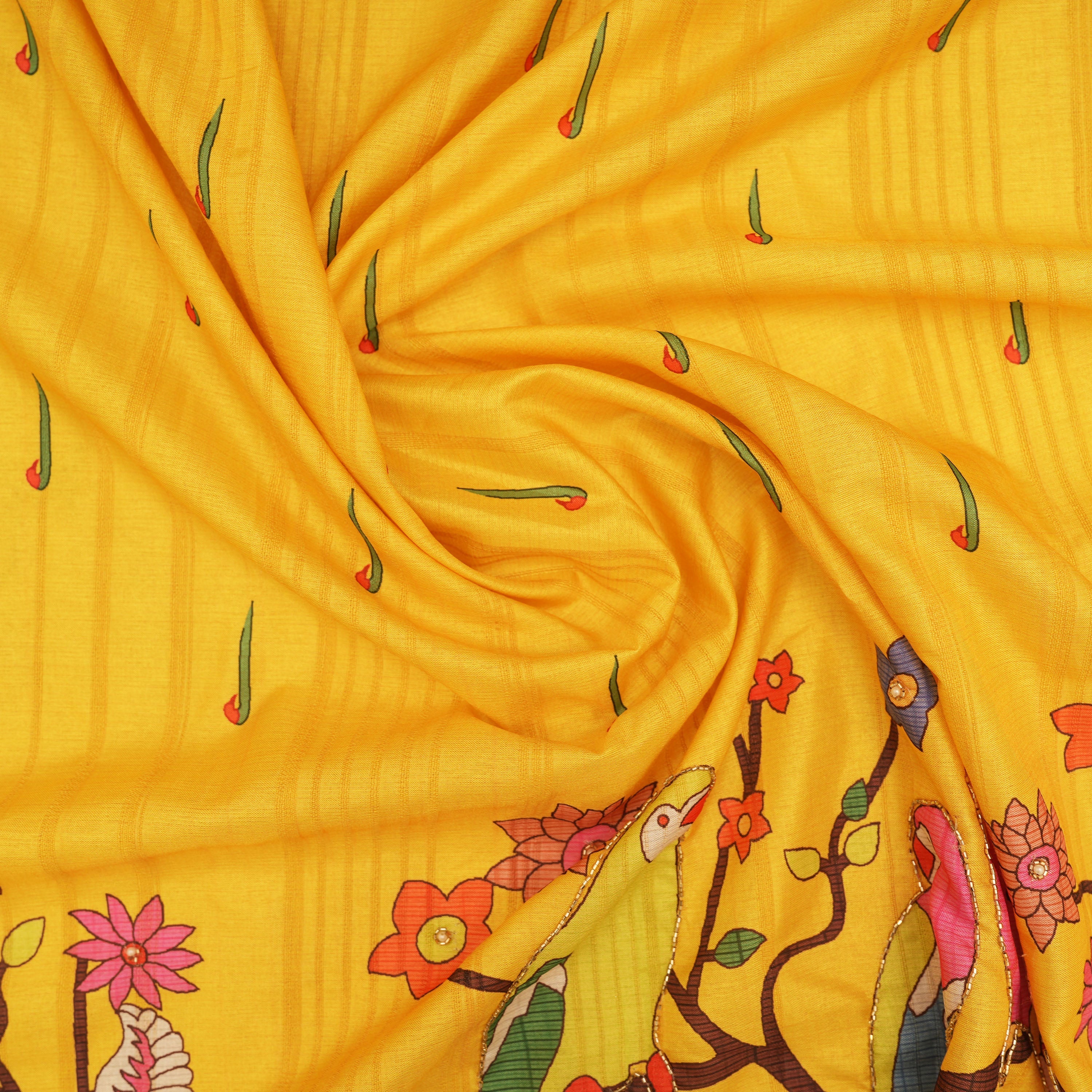 Tuscany Yellow Kili Motif Border Printed Raw Silk Fabric
