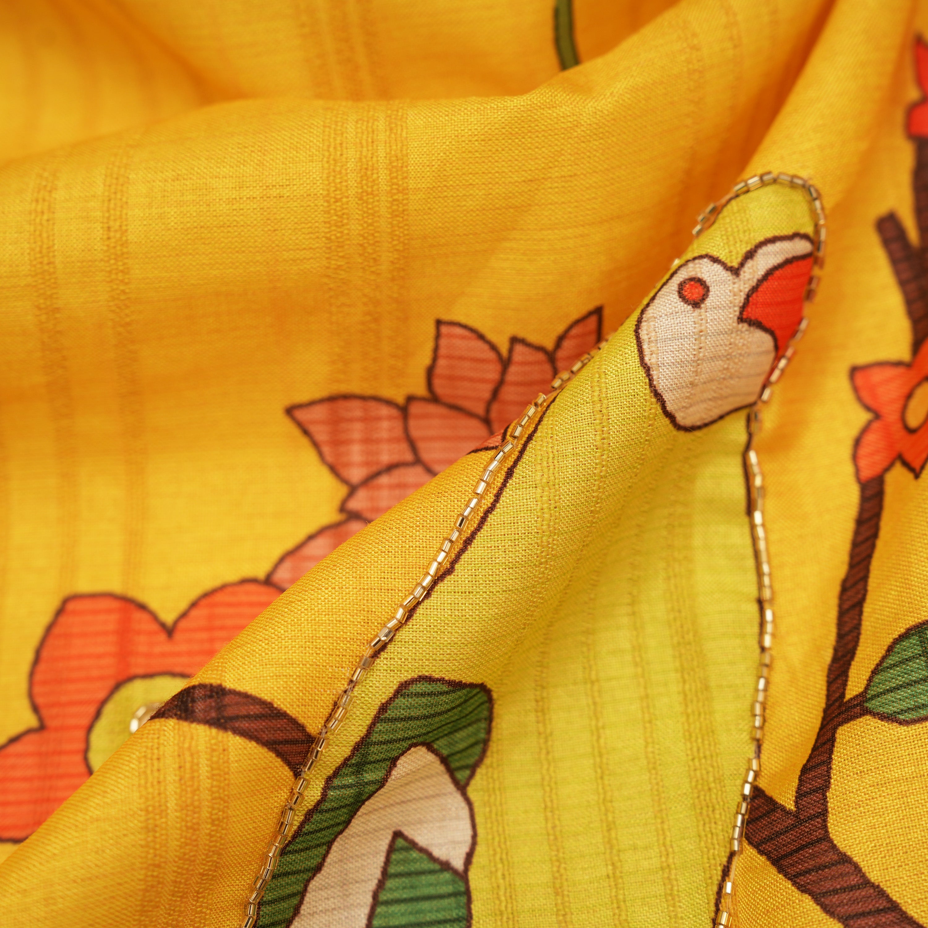 Tuscany Yellow Kili Motif Border Printed Raw Silk Fabric