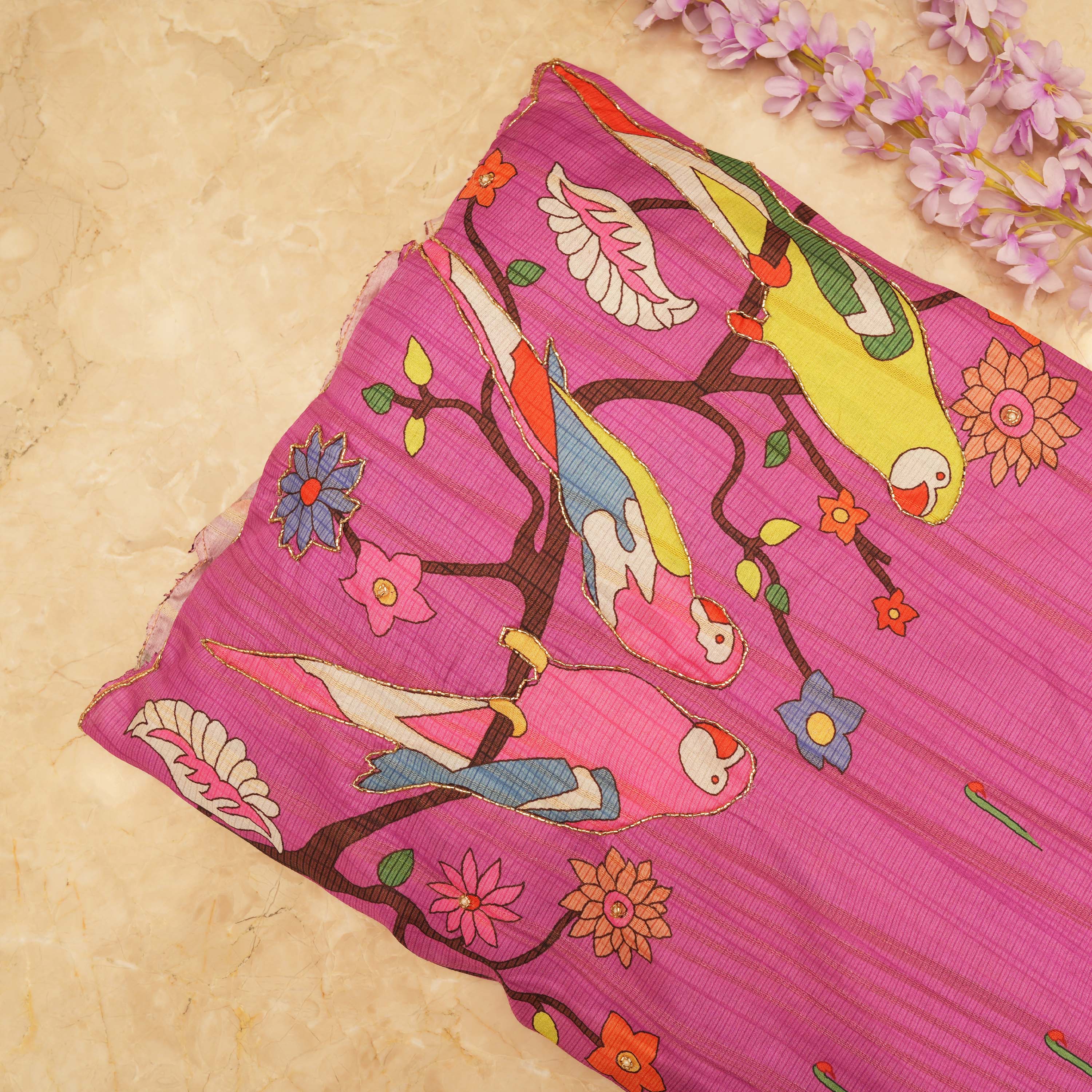 Blush Pink Kili Motif Border Printed Raw Silk Fabric