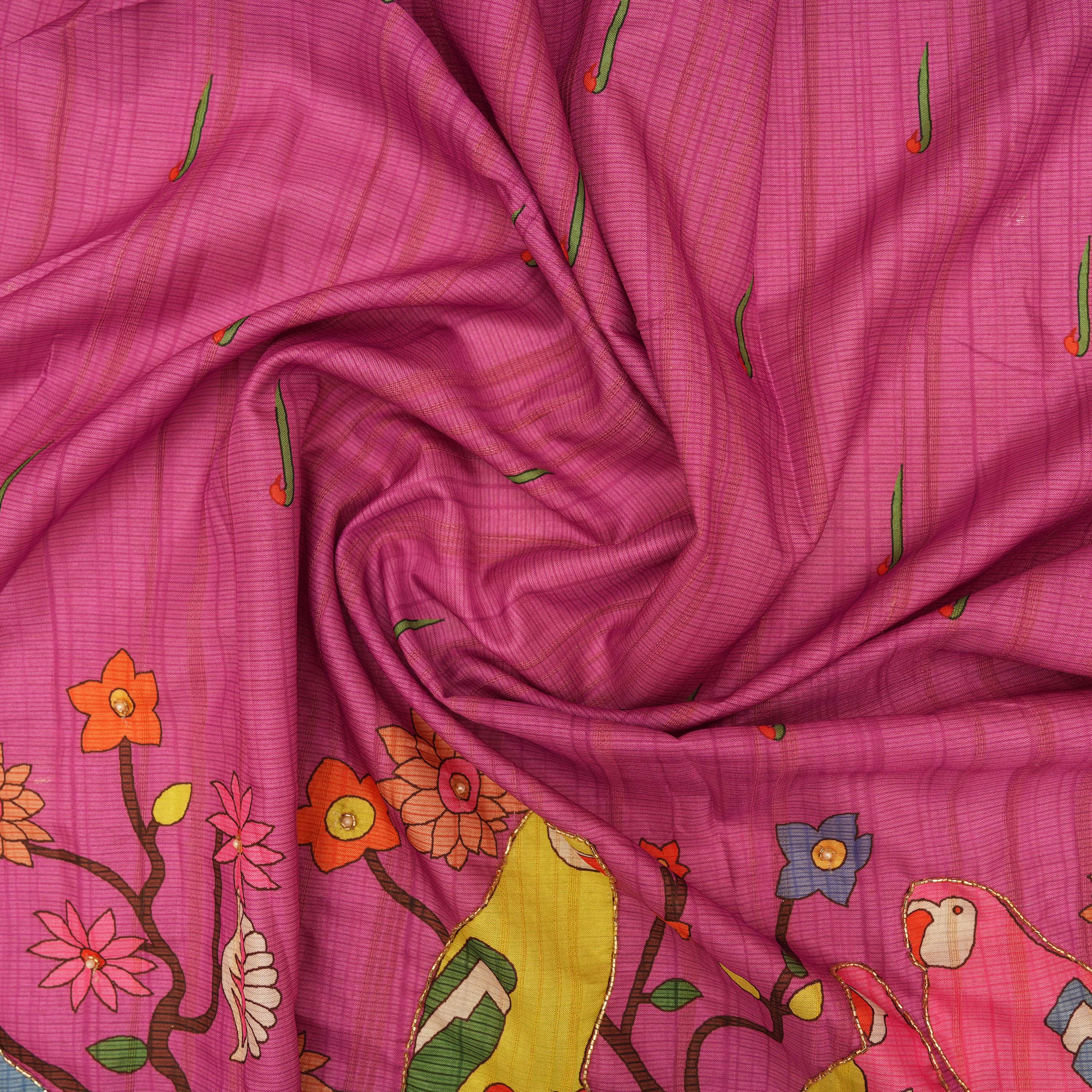 Blush Pink Kili Motif Border Printed Raw Silk Fabric