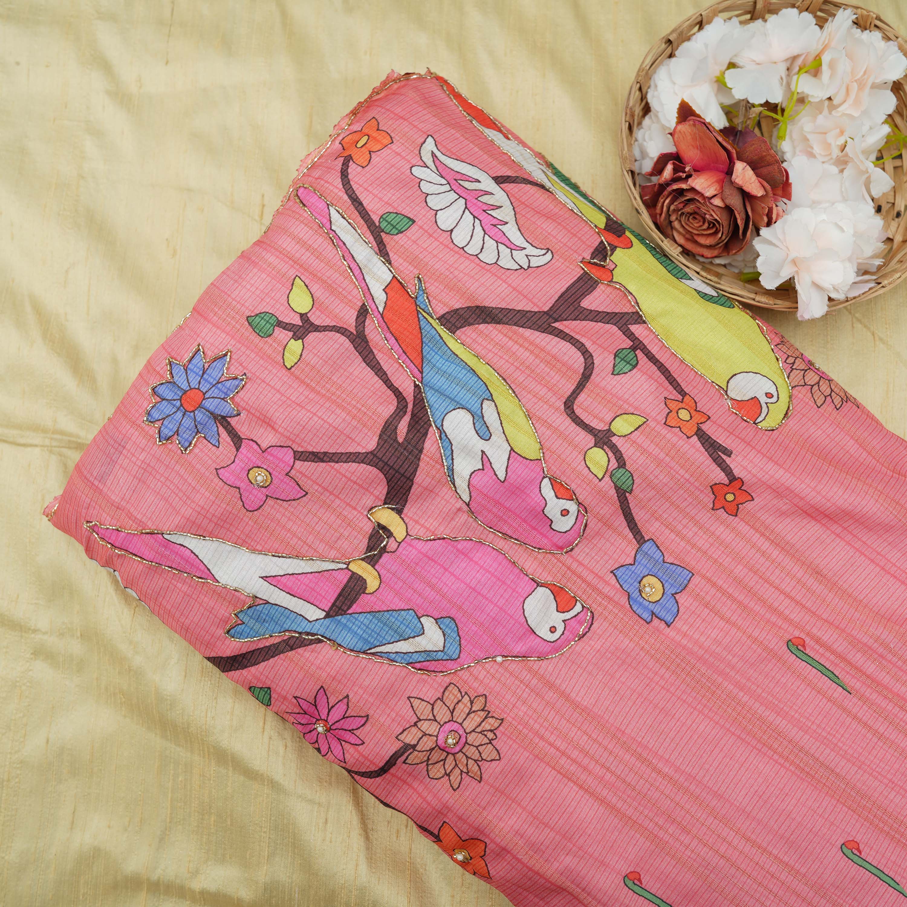 Salmon Pink Paithani Kili Border Dupion Rawsilk Fabric