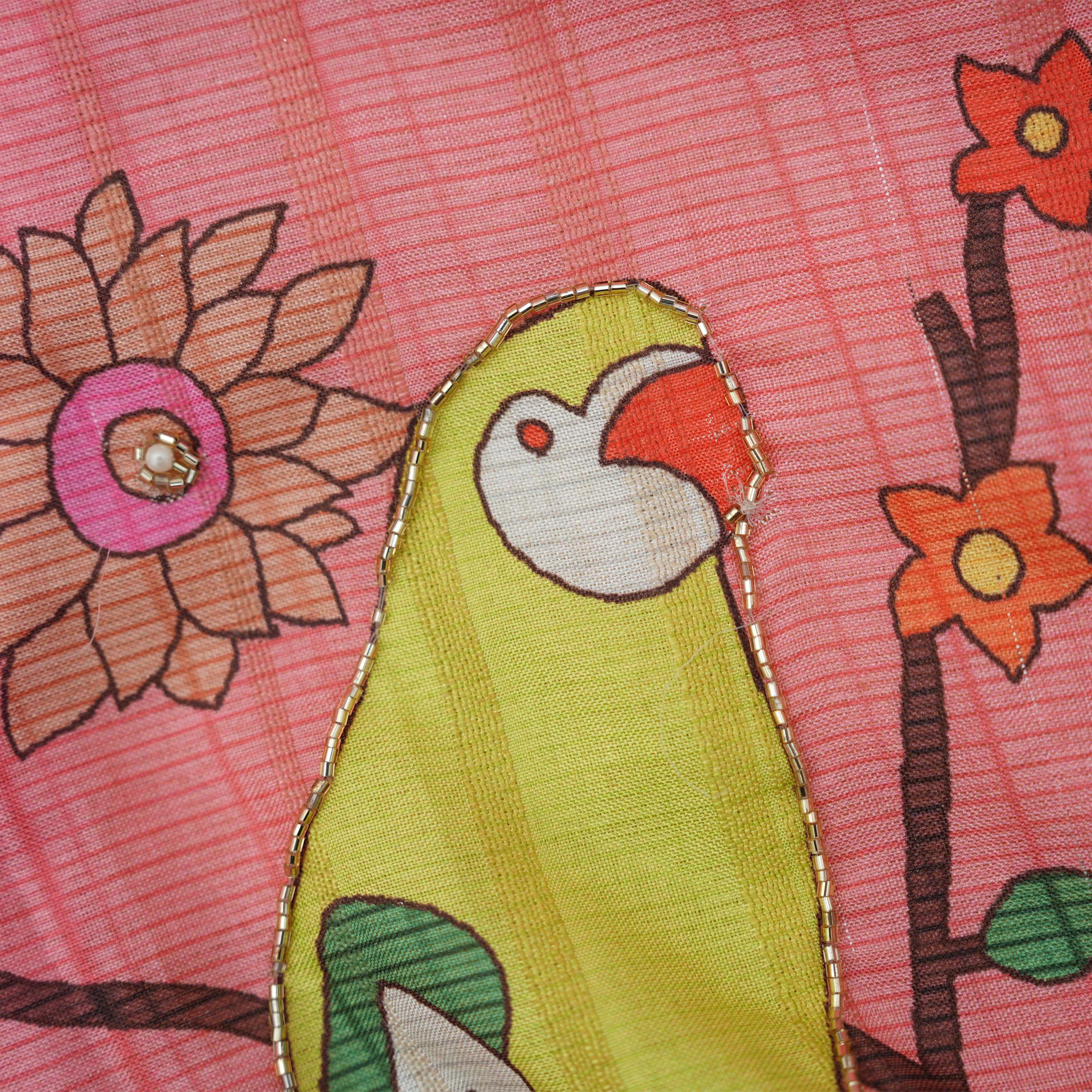 Salmon Pink Paithani Kili Border Dupion Rawsilk Fabric