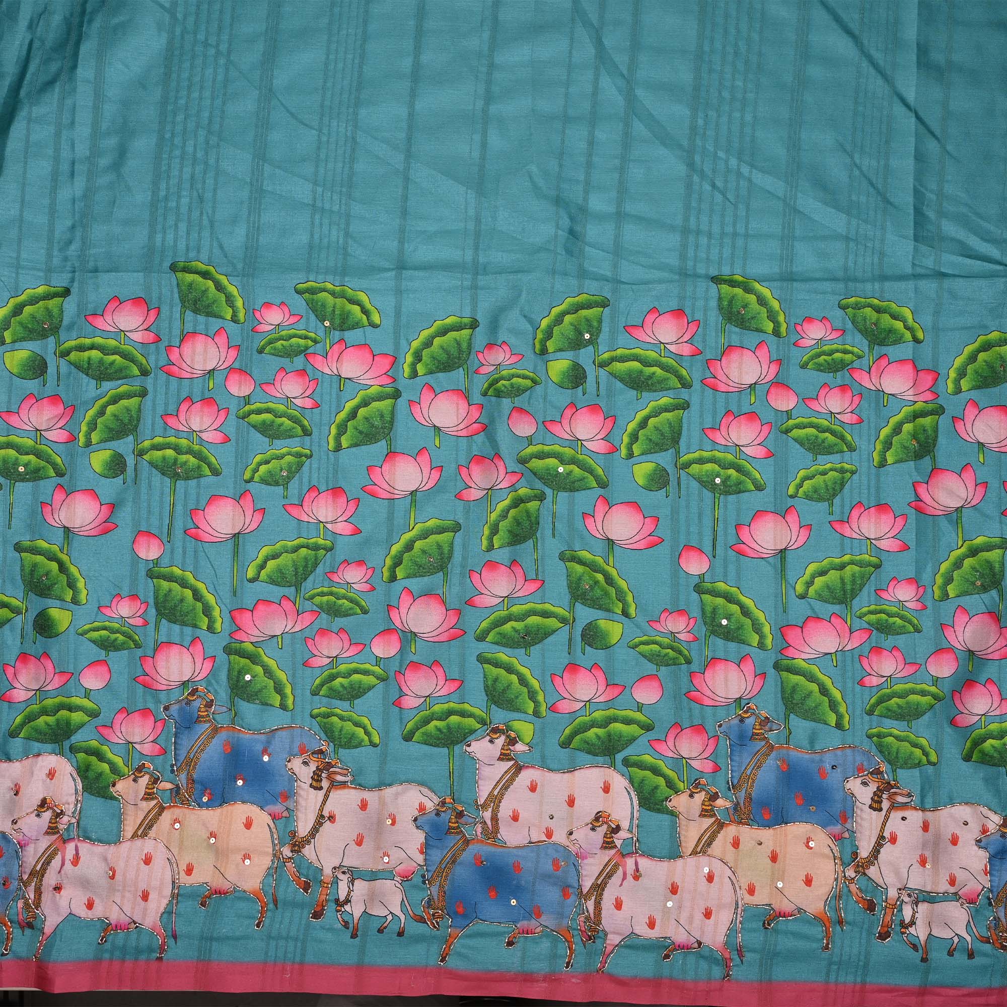 Turkish Blue Printed Pichwai Tussar Fabric With Embroidery